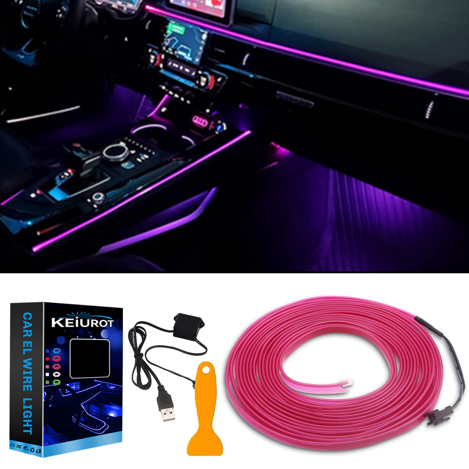Purple EL Wire Lights for Car Interior - 16FT/5M USB-Powered LED Neon Strip Lights (5V) - Perfect for Car Decor, Garden Parties & Nighttime Events