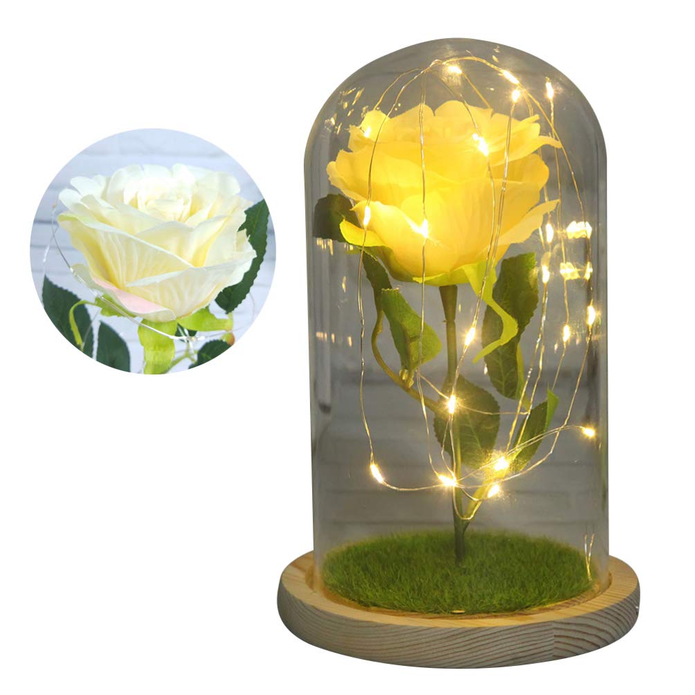 Uonlytech LED Rose Flower Light - Artificial Rose in Glass Dome, Enchanted Floral Night Light for Valentine's Day, Anniversary, Wedding, Home Decor (1Pcs, Yellow) - Perfect for Romantic Gifts, Bedroom Ambiance & Tabletop Decoration