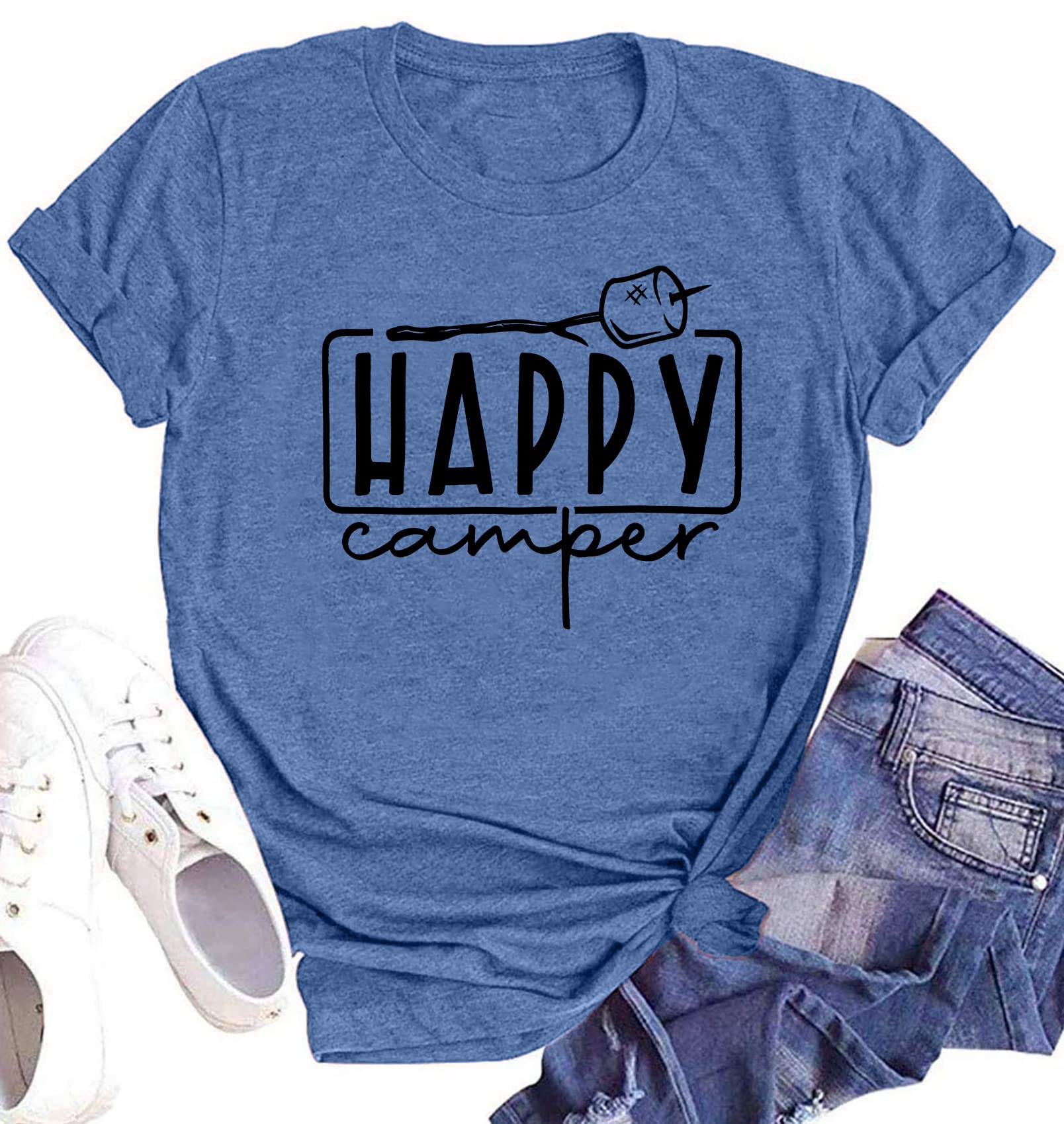 Happy Camper Graphic T-Shirt for Women - Funny Marshmallow Print Casual Summer Camping Tee - Perfect for Outdoor Adventures, Bonfires & Cozy Nights