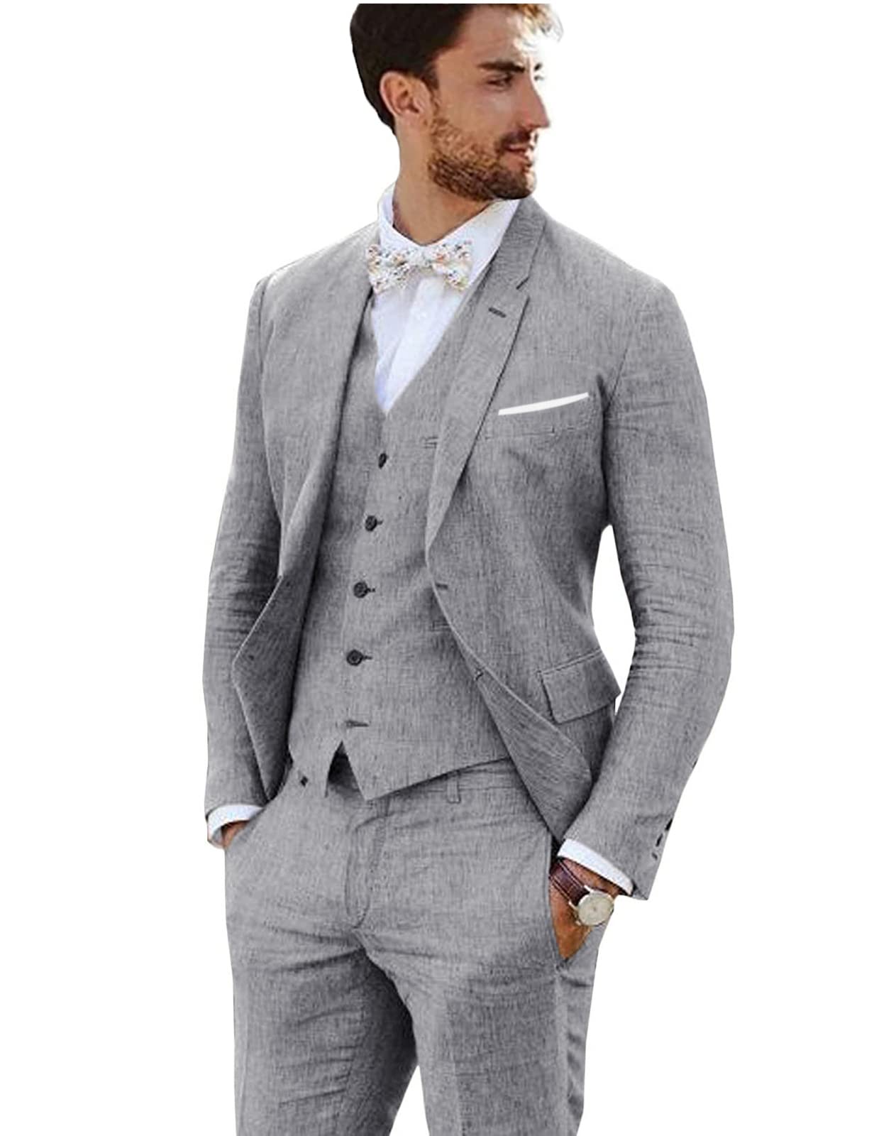 Furuyal Men's 3-Piece Linen Suit - Vintage Slim Fit Wedding Blazer & Groom Tuxedo Set for Prom, Parties & Formal Events | Breathable Summer Suit for Weddings, Business Meetings & Special Occasions