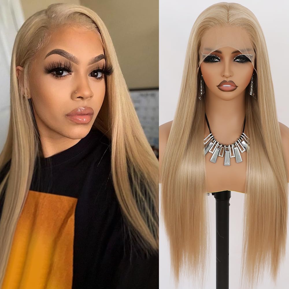 Maycaur Blonde Lace Front Wigs for Black Women - Pre Plucked Hairline, Glueless Straight Synthetic Wig, Heat Resistant 24 Inch Long Blonde Hair - Perfect for Daily Wear, Cosplay & Special Occasions