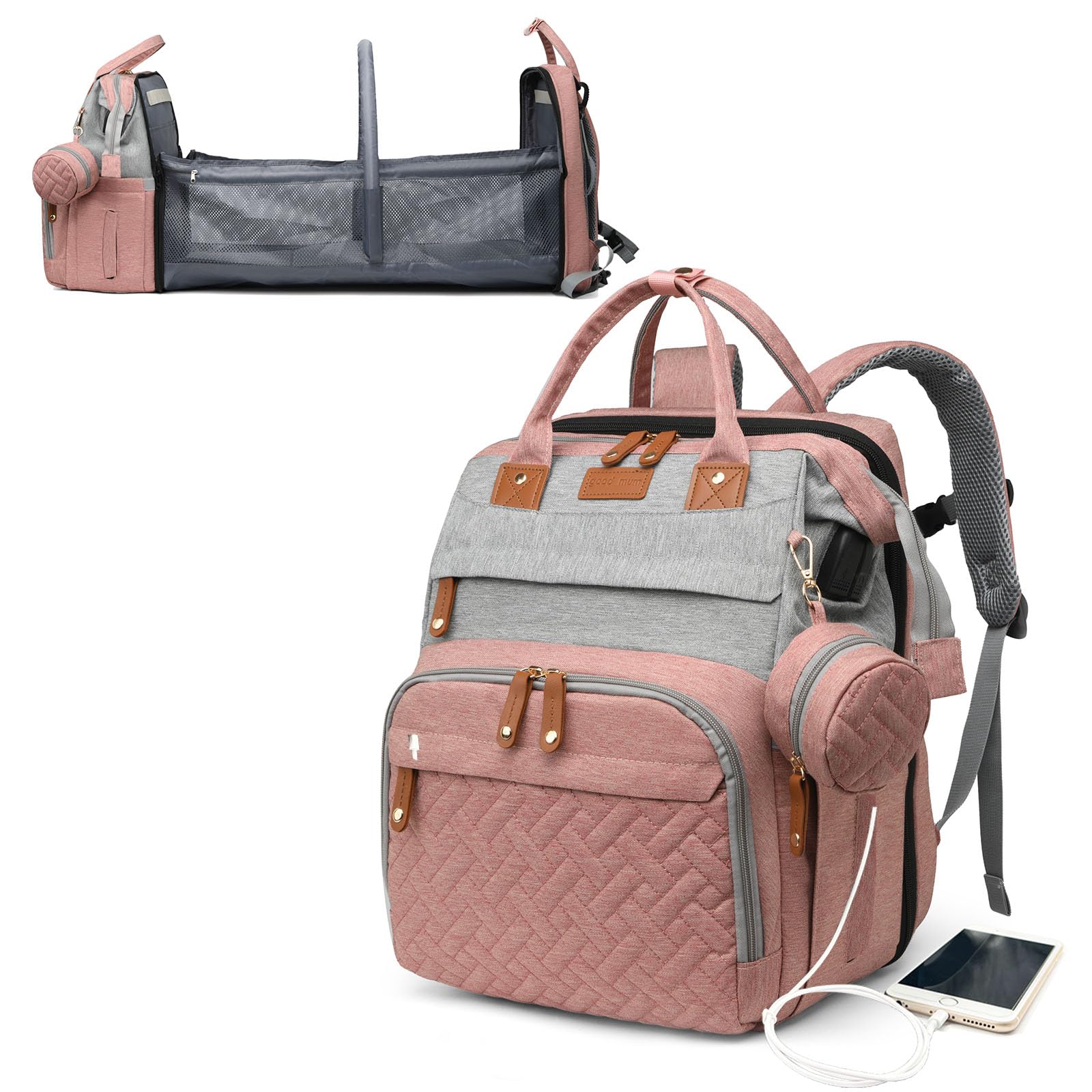 Waterproof Diaper Backpack with Changing Station & USB Charging Port - Large Capacity Baby Bag for Moms & Dads (Grey/Pink) | Perfect Baby Shower Gift & Travel Essential for On-the-Go Parents