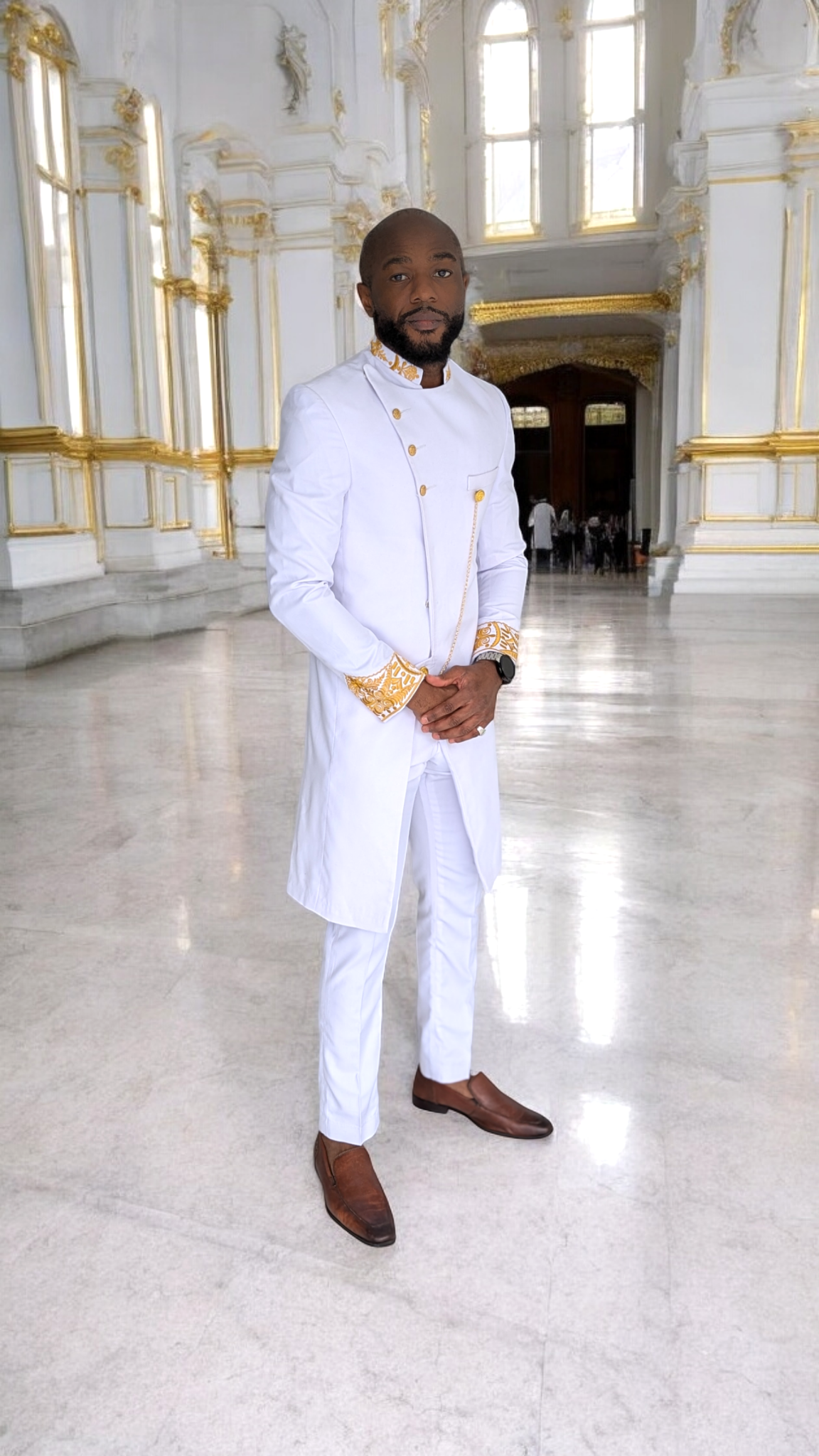 Regal White & Gold Embroidered African Suit Set for Men | Traditional Nigerian Wedding Attire | Elegant Idris Suit for Special Occasions & Cultural Events