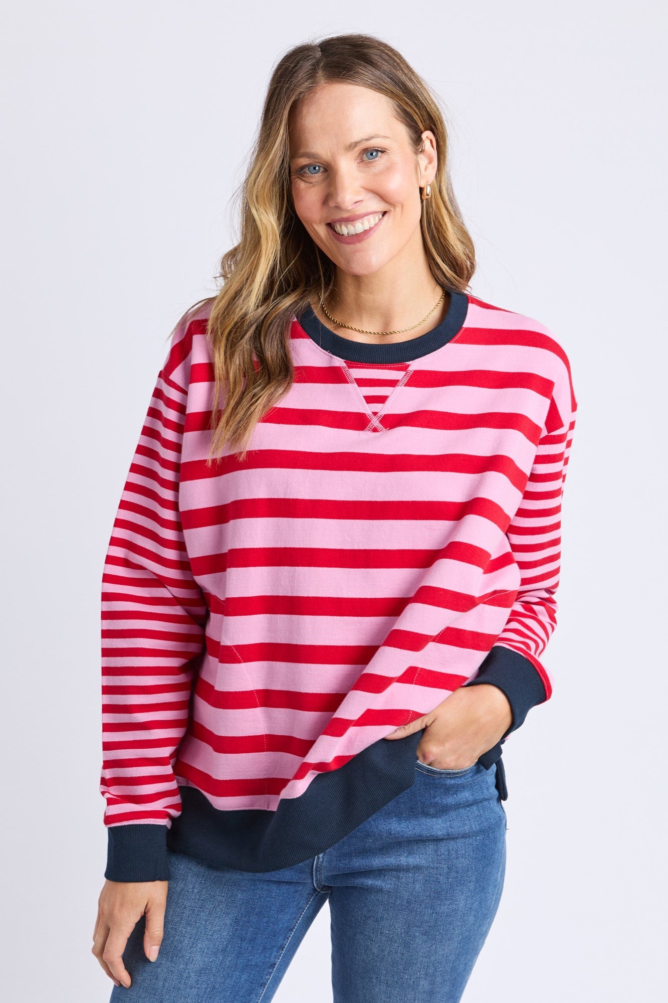 Elm All Sorts Crew Neck Sweater - Pink & Red Striped Cotton Knit Top for Women | Casual Wear, Office Outfits, and Weekend Style