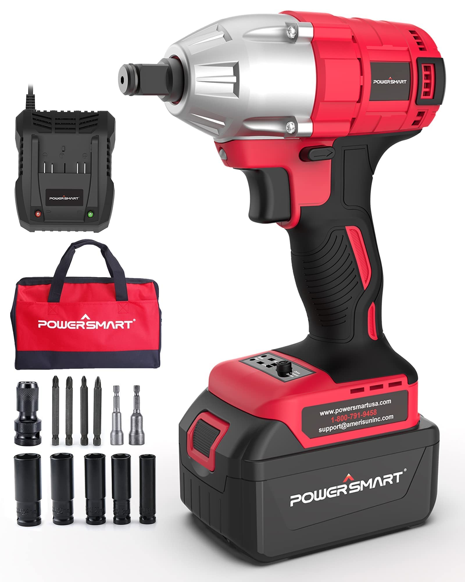 PowerSmart 20V Cordless Brushless Impact Wrench - 1/2 Inch, 265 ft-lbs Max Torque, Bare Tool - Perfect for Automotive Repairs, Construction, and DIY Projects