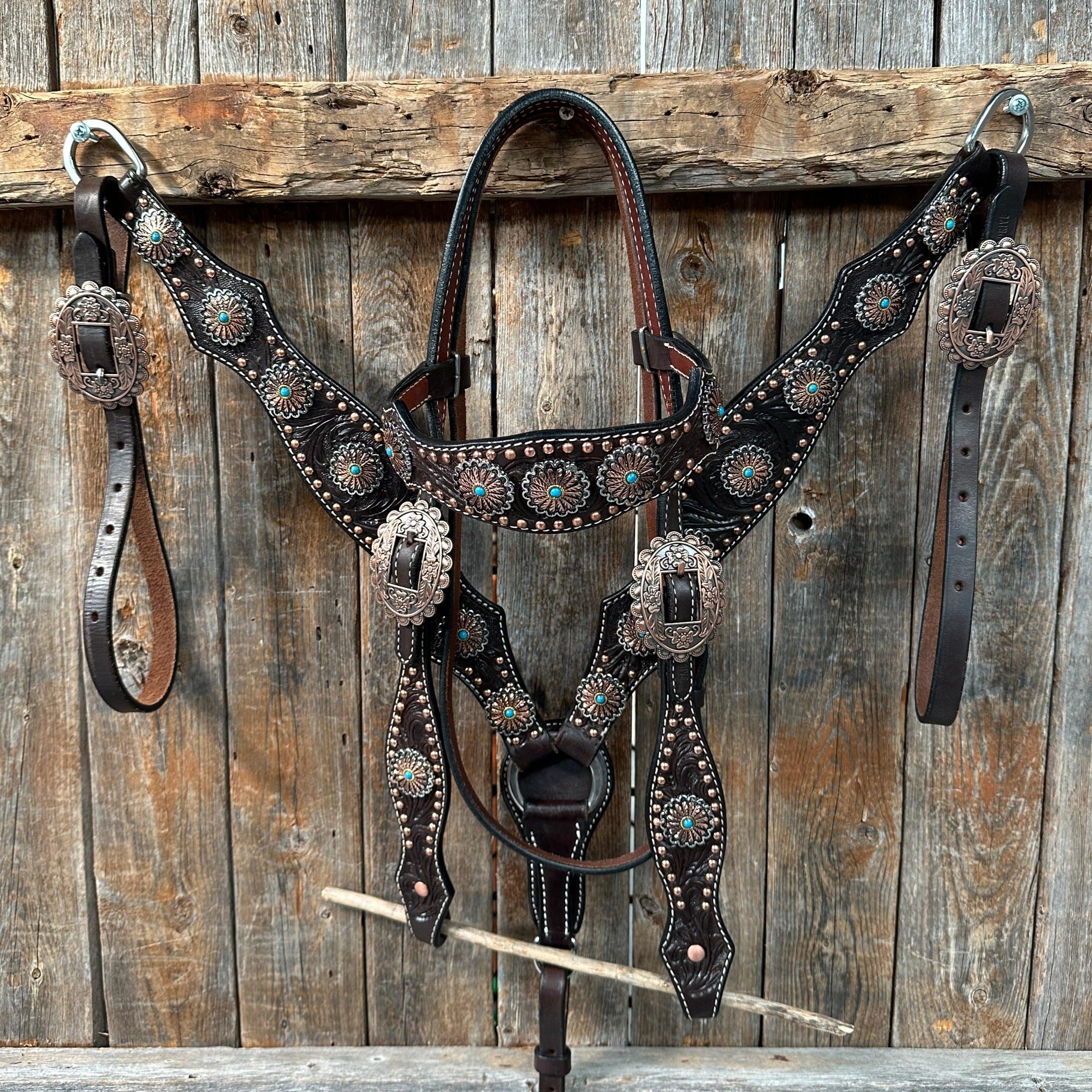 Dark Oil Floral Copper Dot & Turquoise Western Browband Headstall and Breastcollar Tack Set for Horses - Perfect for Show, Trail Riding, and Rodeo Events #BBBC535