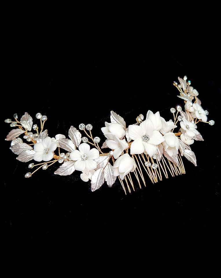 Elegant Bridal Hair Comb - Porcelain Floral & Rose Gold Leaf Design | Zaria by Johnny B Collection at Kezani | Perfect for Weddings, Prom & Special Occasions