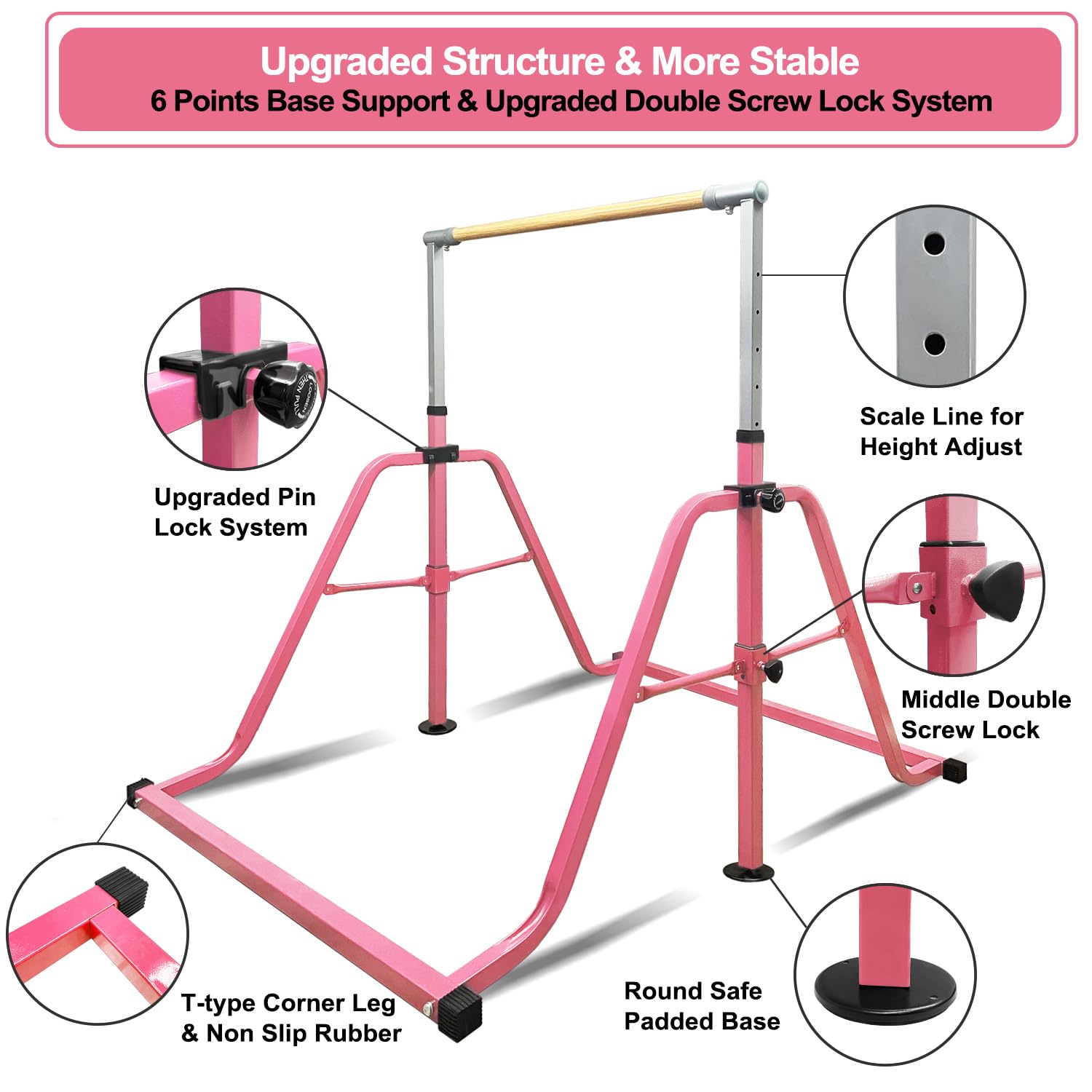 Adjustable Foldable Gymnastics Bar with Rings - 3' to 5' Height Junior Kip Bar for Home & Indoor Training - Perfect for Kids' Gymnastics Practice, Strength Training & Playtime Activities