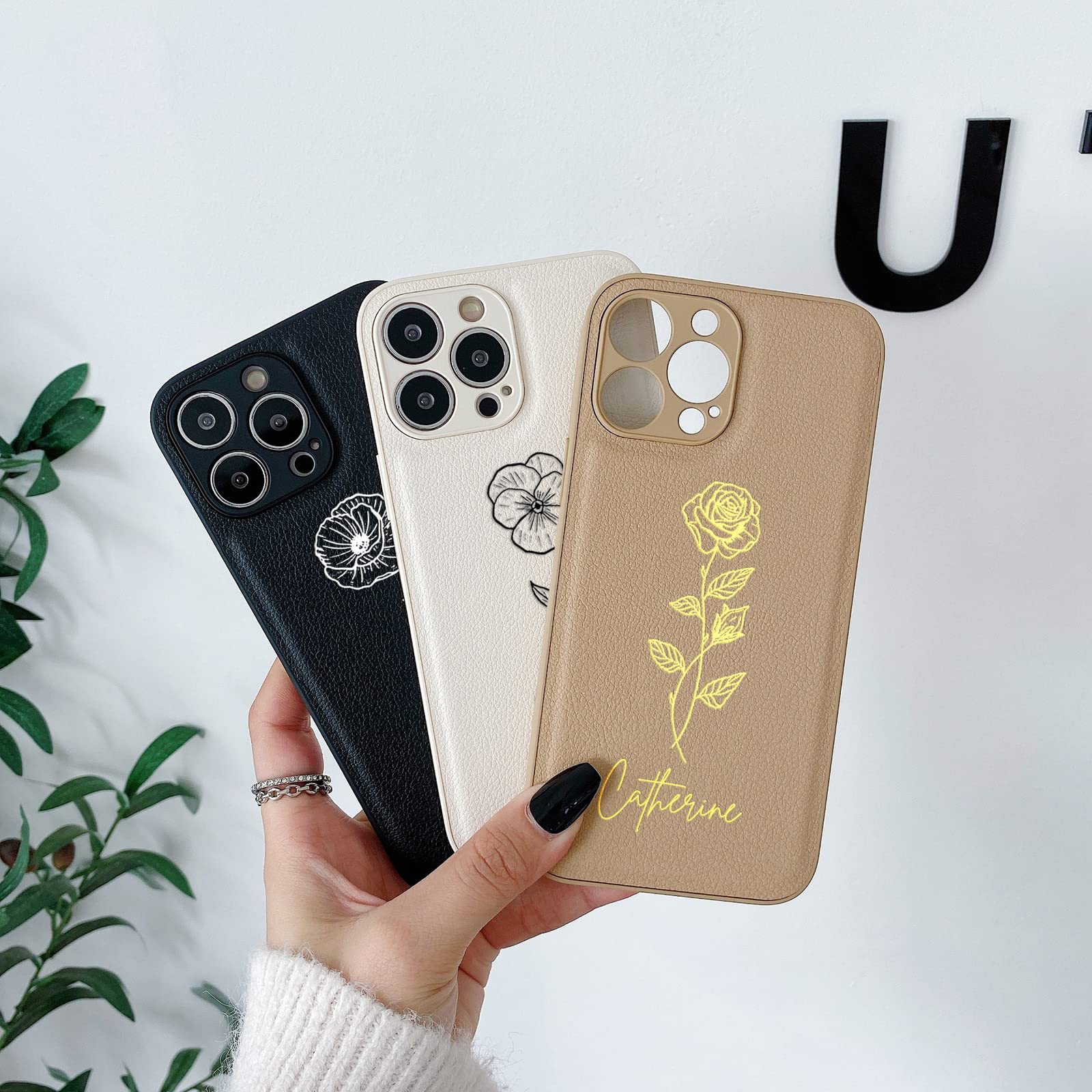 Personalized Leather iPhone Case with Birth Flowers & Name - Custom Monogram Phone Cover for iPhone 13 Pro Max/12/11/X/10/7/8 - Unique Bridesmaid Gifts, Wedding & Birthday Presents for Her - Perfect for Special Occasions & Everyday Use