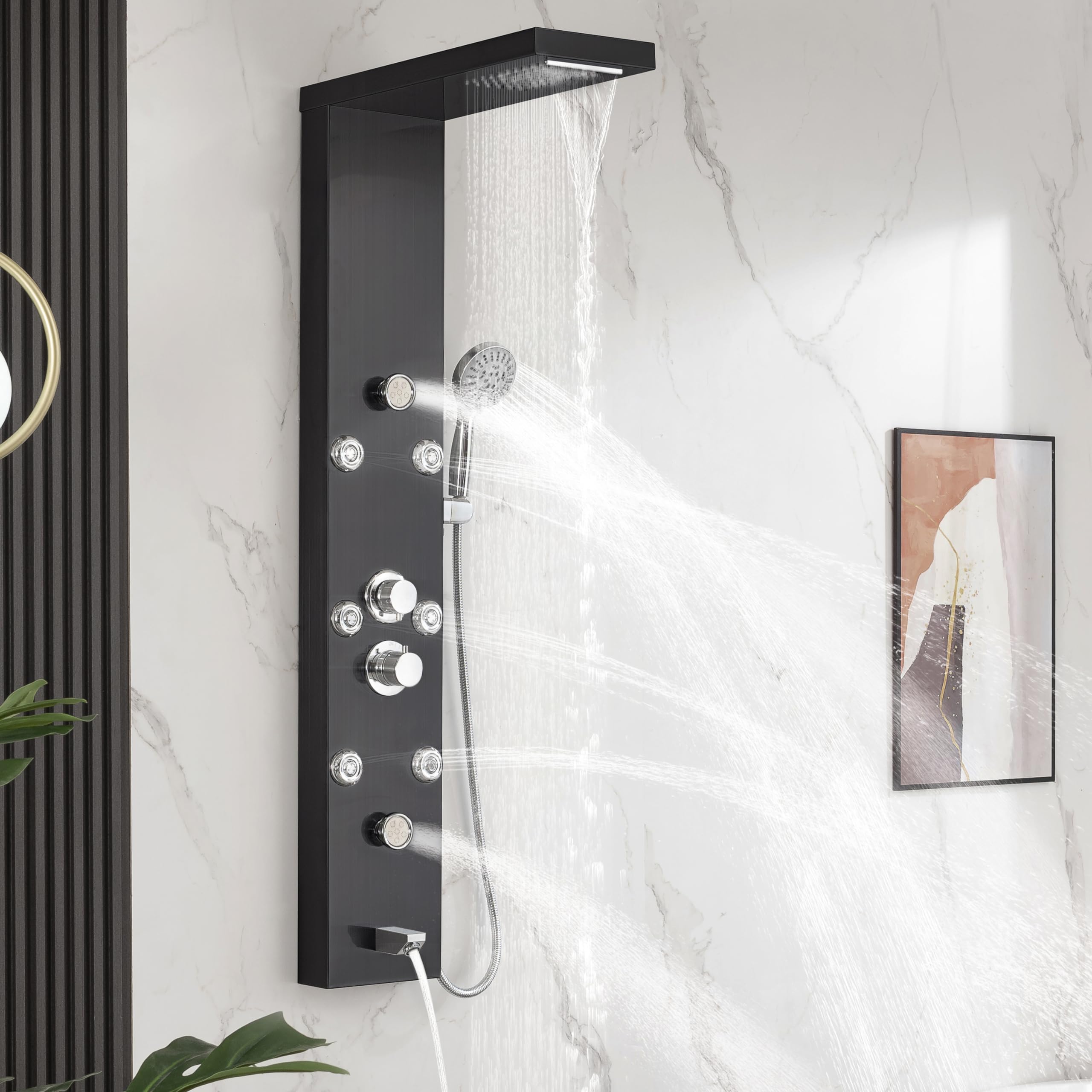 DELAVIN Stainless Steel Shower Panel Tower System - 5-Function Full Body Shower with Rainfall, Waterfall, Massage Jets, Tub Spout & Handheld Showerhead in Brushed Black | Perfect for Luxury Bathroom Renovation, Spa-Like Experience & Modern Home Upgrades