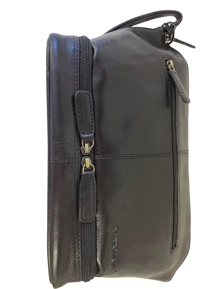 Rowallan Men's Soft Black Leather Travel Toiletry Bag with Frame - Perfect for Business Trips, Gym, and Weekend Getaways