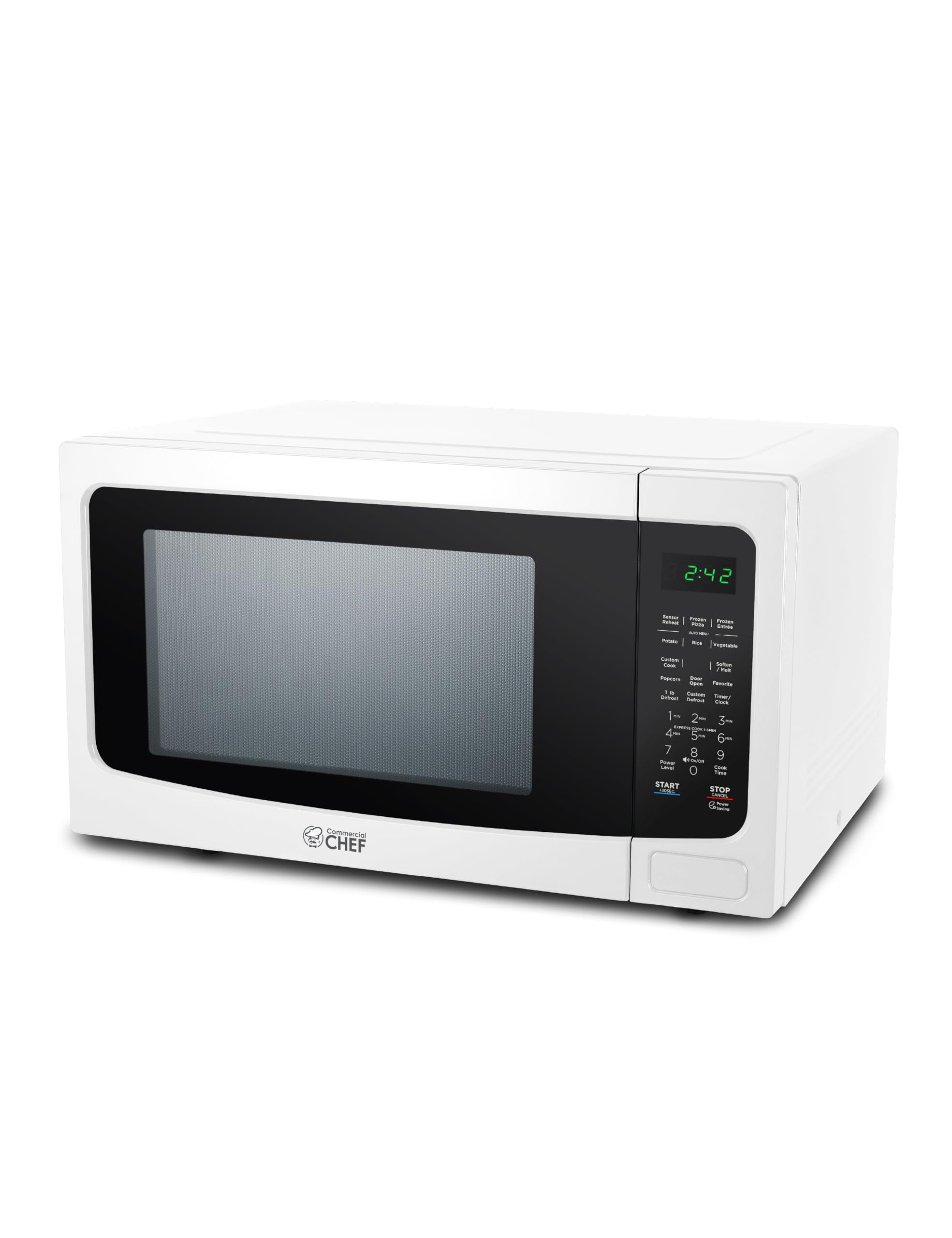 Commercial Chef 1.6 Cu Ft Countertop Microwave - 1100W, 10 Power Levels, Digital Control Panel, Child Safety Lock, White - Perfect for Dorms, Offices & Small Kitchens