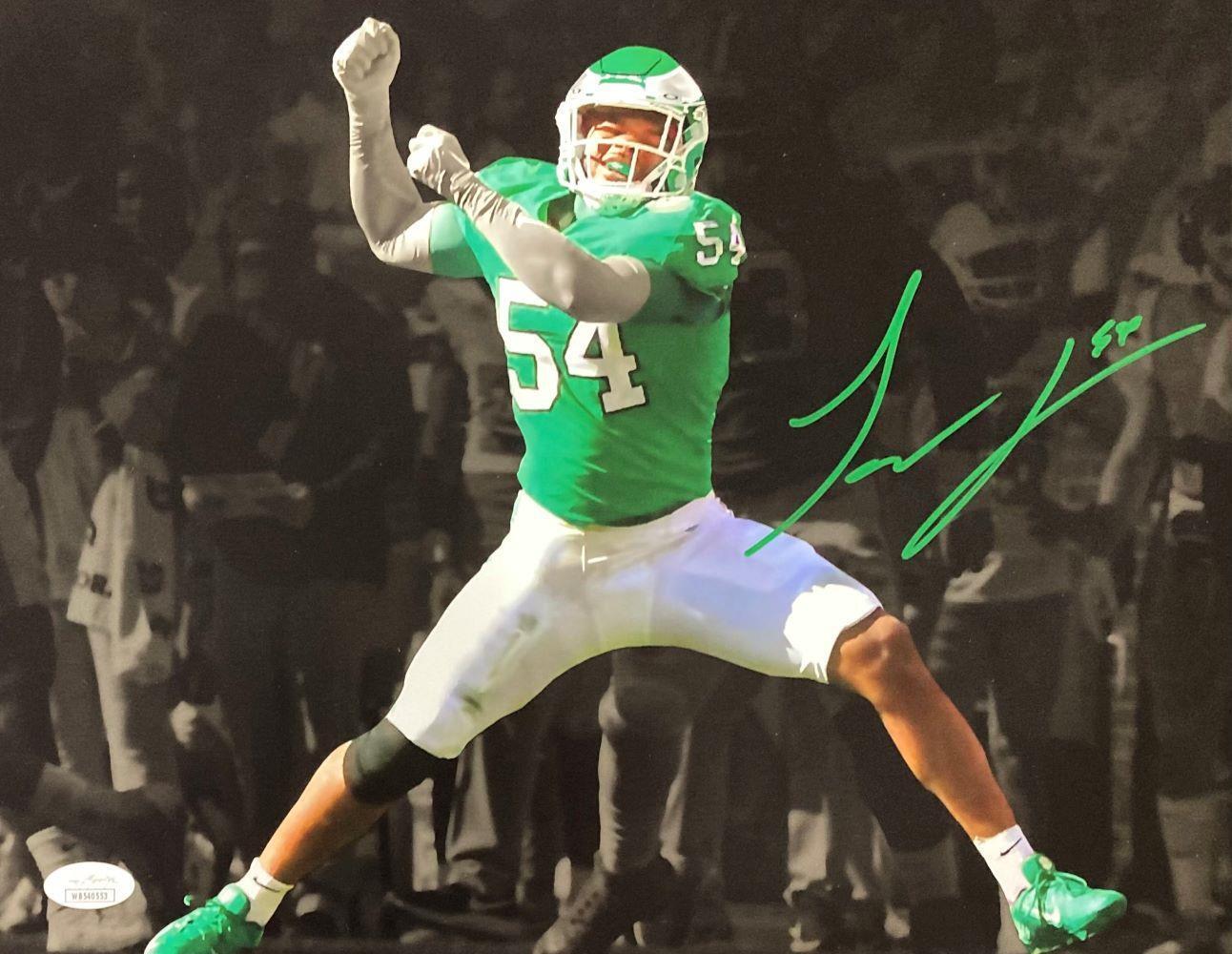 Jeremiah Trotter Jr Autographed Green 11x14 Philadelphia Eagles Spotlight Photo with JSA Certificate - Perfect for Eagles Fans, Sports Memorabilia Collectors, and Man Cave Decor