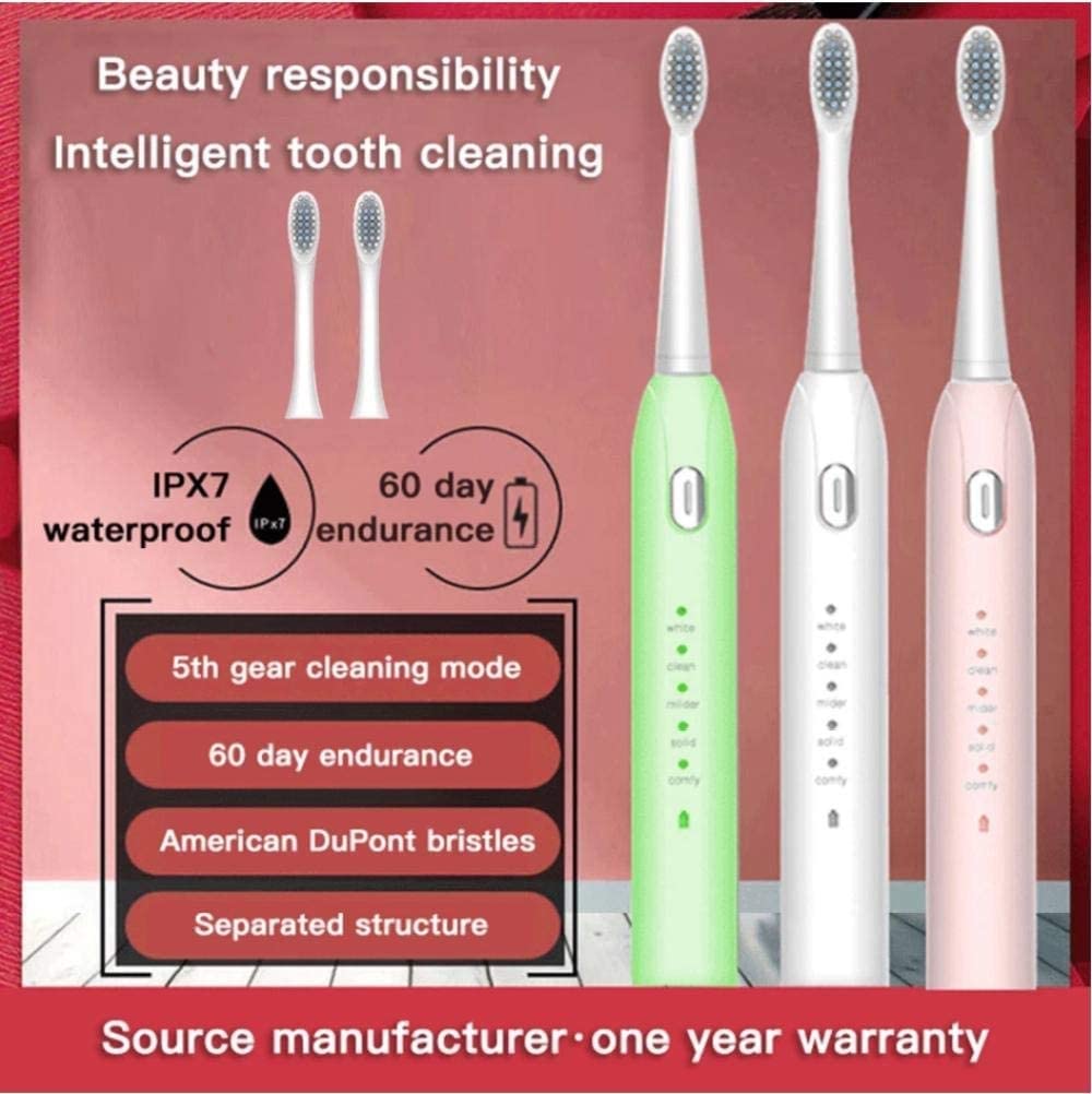 USB Rechargeable Electric Toothbrush with 5 Cleaning Modes & 4 Replacement Heads - Ultrasonic Whitening Toothbrush for Adults (Pink) - Perfect for Home, Travel & Daily Oral Care