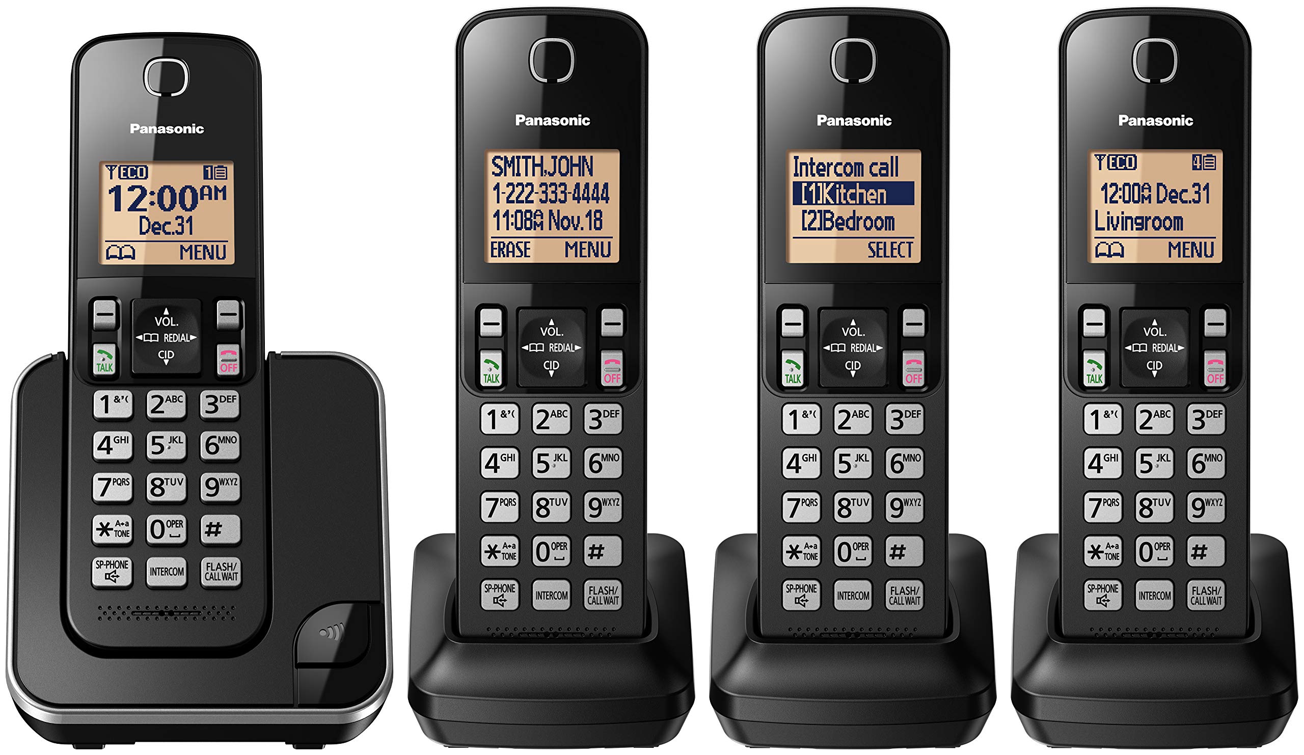 Panasonic KX-TGC384CB DECT 6.0 Expandable Cordless Phone System with Call Blocking - 4 Handsets - Black - Ideal for Home & Office Communication