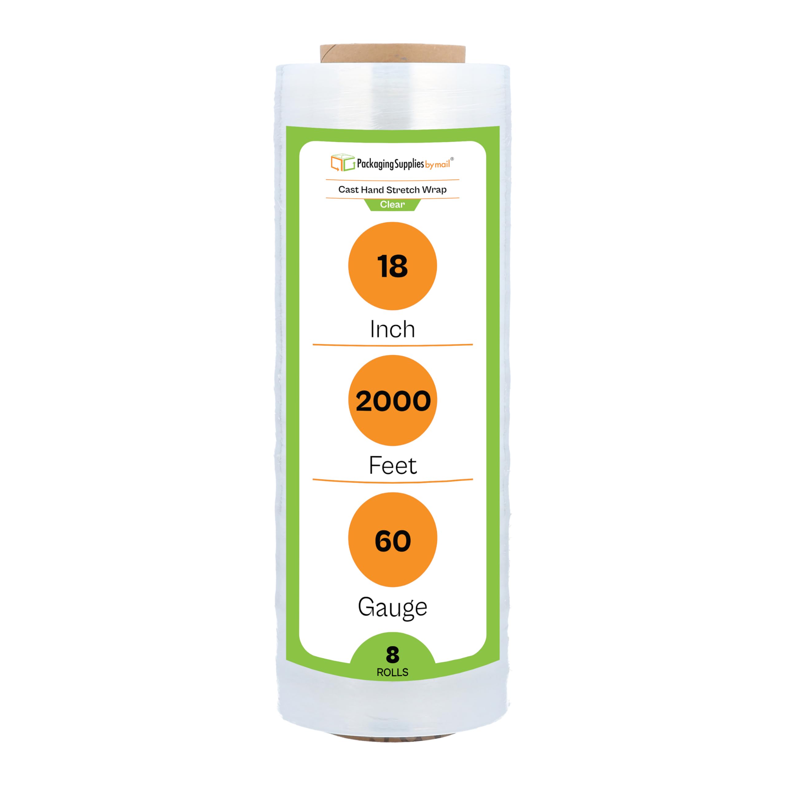 PSBM Stretch Wrap 8 Pack - 18 Inch x 2000 Feet, 60 Gauge Clear Plastic Cling Film for Packaging, Moving & Pallet Wrapping | Heavy Duty Cast Hand Stretch Film Rolls for Shipping, Storage & Industrial Use