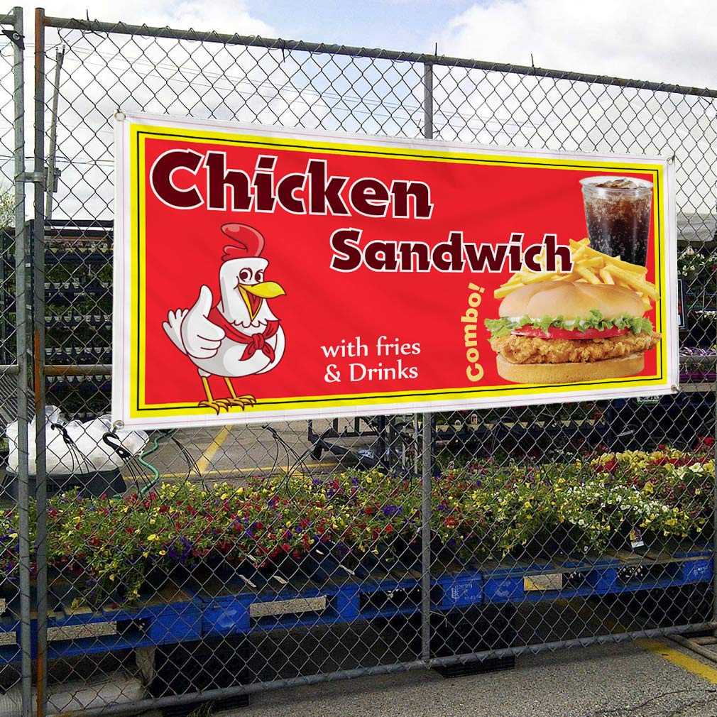 Custom Vinyl Banner for Chicken Sandwich Restaurant & Cafe - 48x96 Inches, Weatherproof, 8 Grommets - Perfect for Outdoor Business Signs, Yard Advertising & Food Industry Promotion