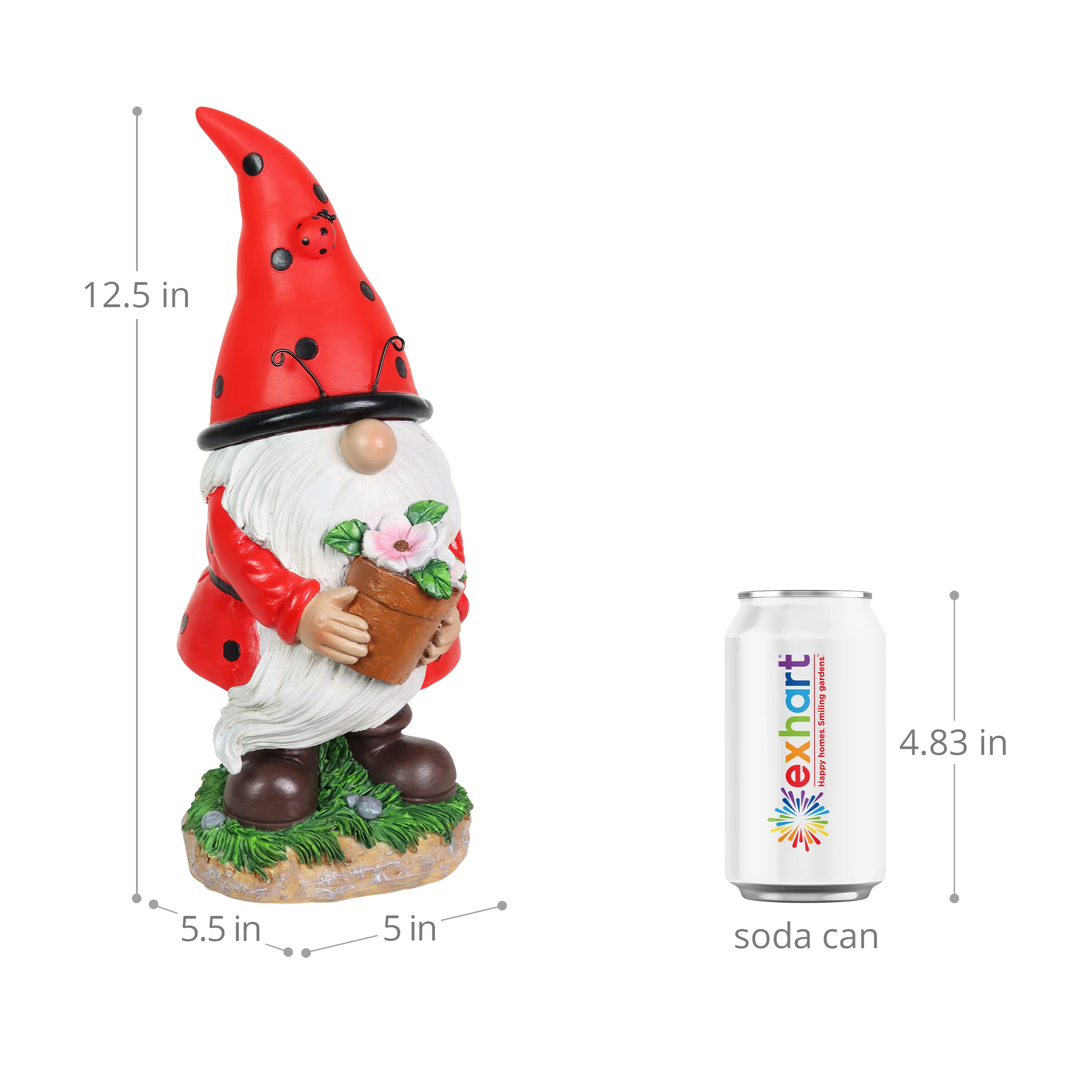 Exhart Solar-Powered Ladybug Gnome Statue with LED Lights & Pink Flower Pot – 5 x 5.5 x 12.5 Inch Outdoor Garden Decor for Lawn, Yard & Patio | Weather-Resistant LED Solar Garden Sculpture for Home, Pathway & Flower Bed Decoration