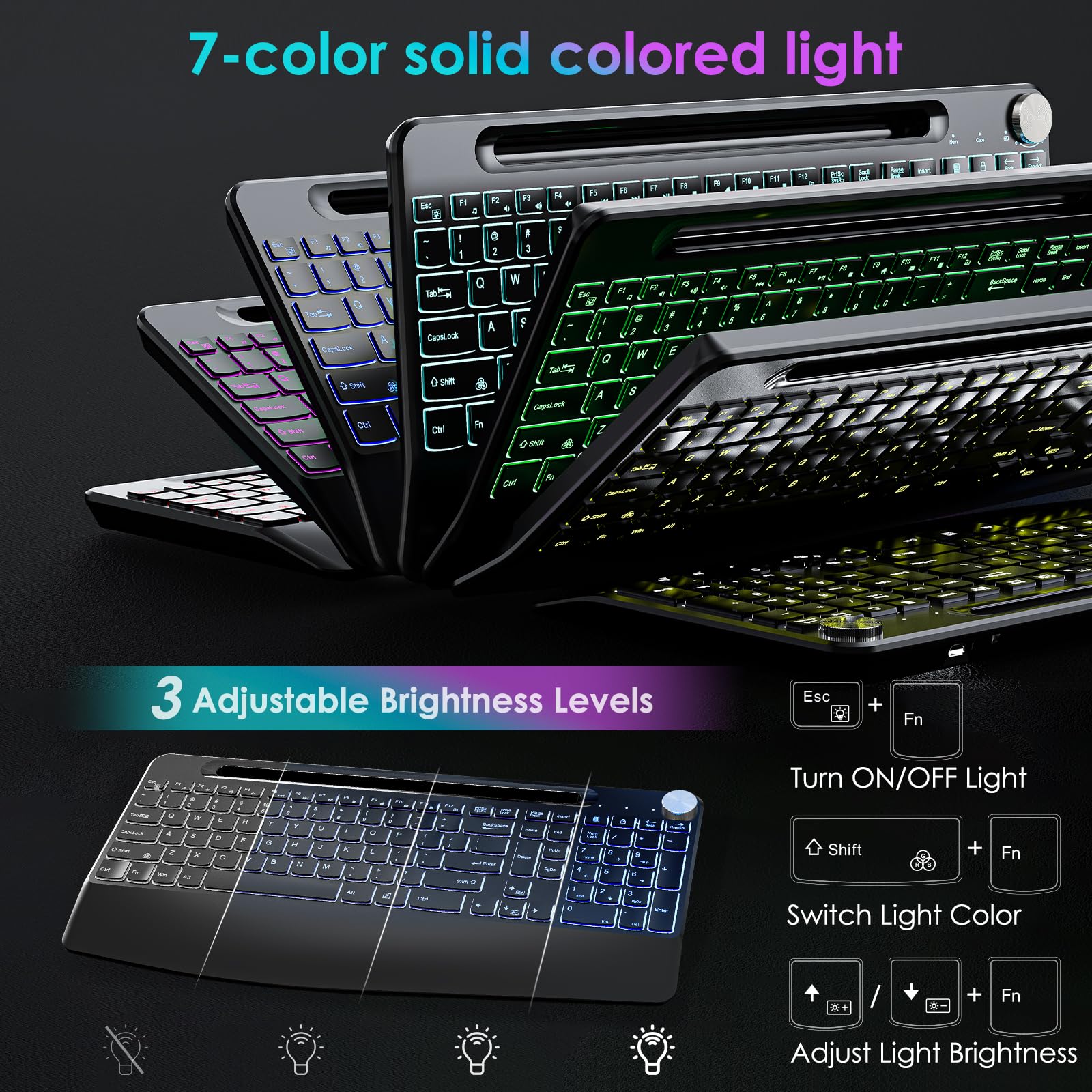 2.4G Wireless Keyboard and Mouse Combo - Rechargeable Ergonomic Wireless Keyboard with 7-Color Backlit, Phone Stand & Volume Control for Mac/Windows PC/Laptop - Perfect for Office, Gaming & Home Use