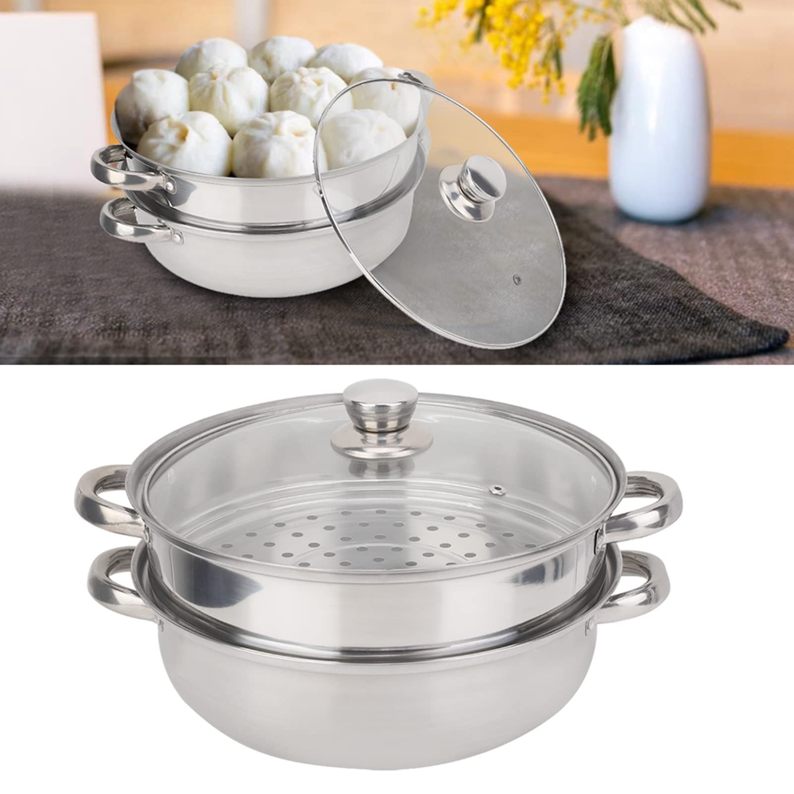 Oumefar 11-inch Stainless Steel 2-Layer Steamer Pot Set with Glass Lid - Multipurpose Cooking Pot for Dumplings, Vegetables, Seafood & More | Perfect for Home Kitchen, Meal Prep & Healthy Cooking