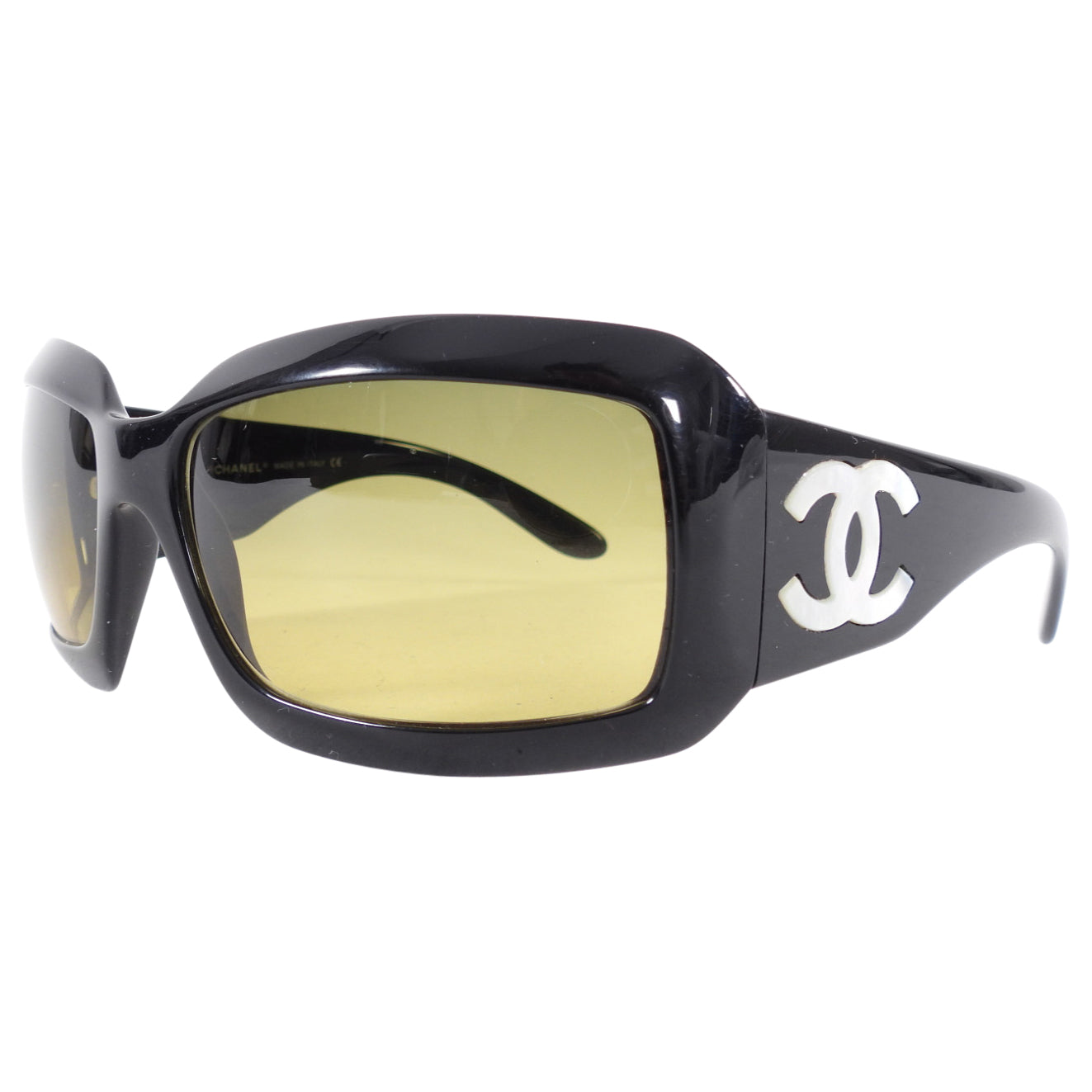 Chanel Black Sunglasses with Mother of Pearl CC Logo & Yellow Lenses - Luxury UV Protection for Women, Perfect for Beach, Driving & Fashion Outfits