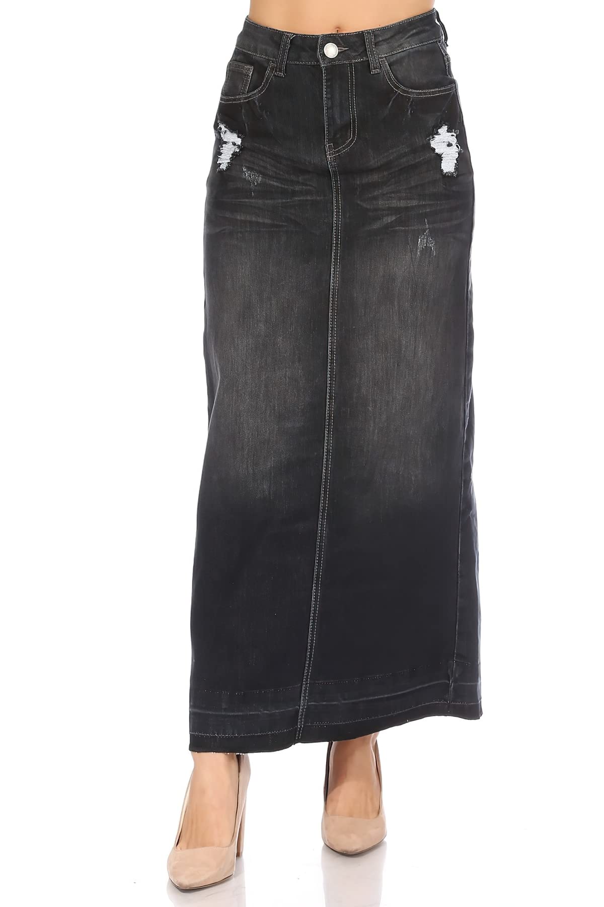 Fashion2Love Women's Juniors & Plus Size Long A-Line Stretch Denim Ripped Maxi Skirt (87995) - Trendy Distressed Denim Skirt for Casual Outings, Date Nights & Boho Style