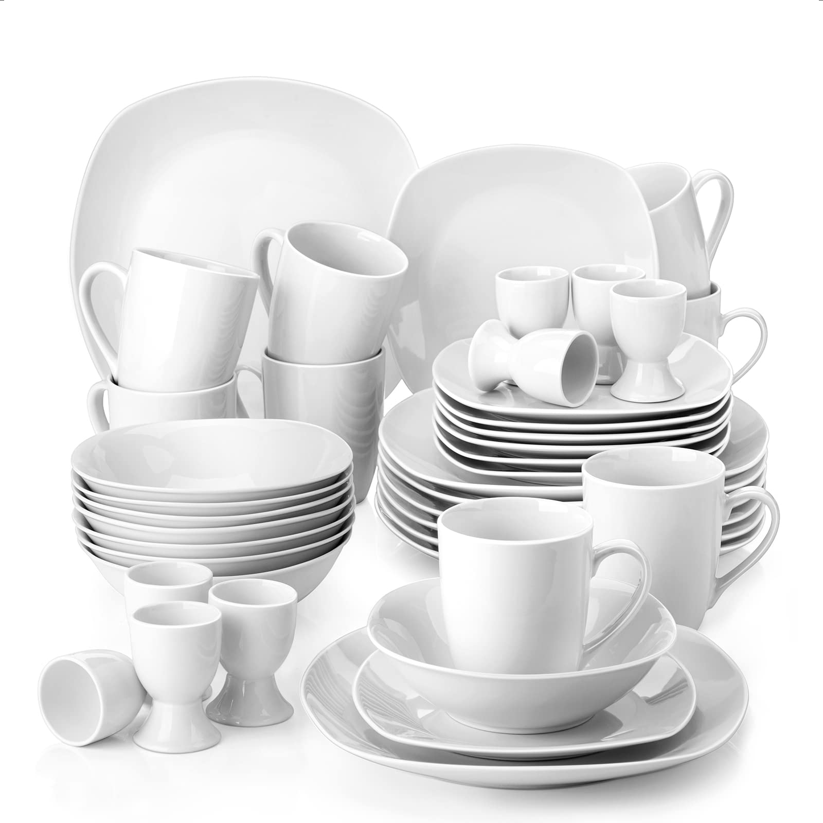 MALACASA 40-Piece Porcelain Dinnerware Set - Gray & White Square Plates, Bowls, Egg Cups & Coffee Mugs - Modern Tableware for 8 People (Elisa Series) - Perfect for Family Dinners, Restaurant Use & Special Occasions