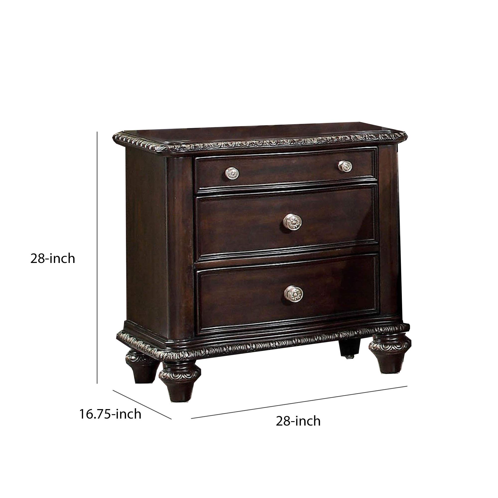 Benjara Brown Wooden Three-Drawer Nightstand with Engraved Edges & Turned Legs - Bedside Table for Bedroom, Living Room, or Guest Room Storage