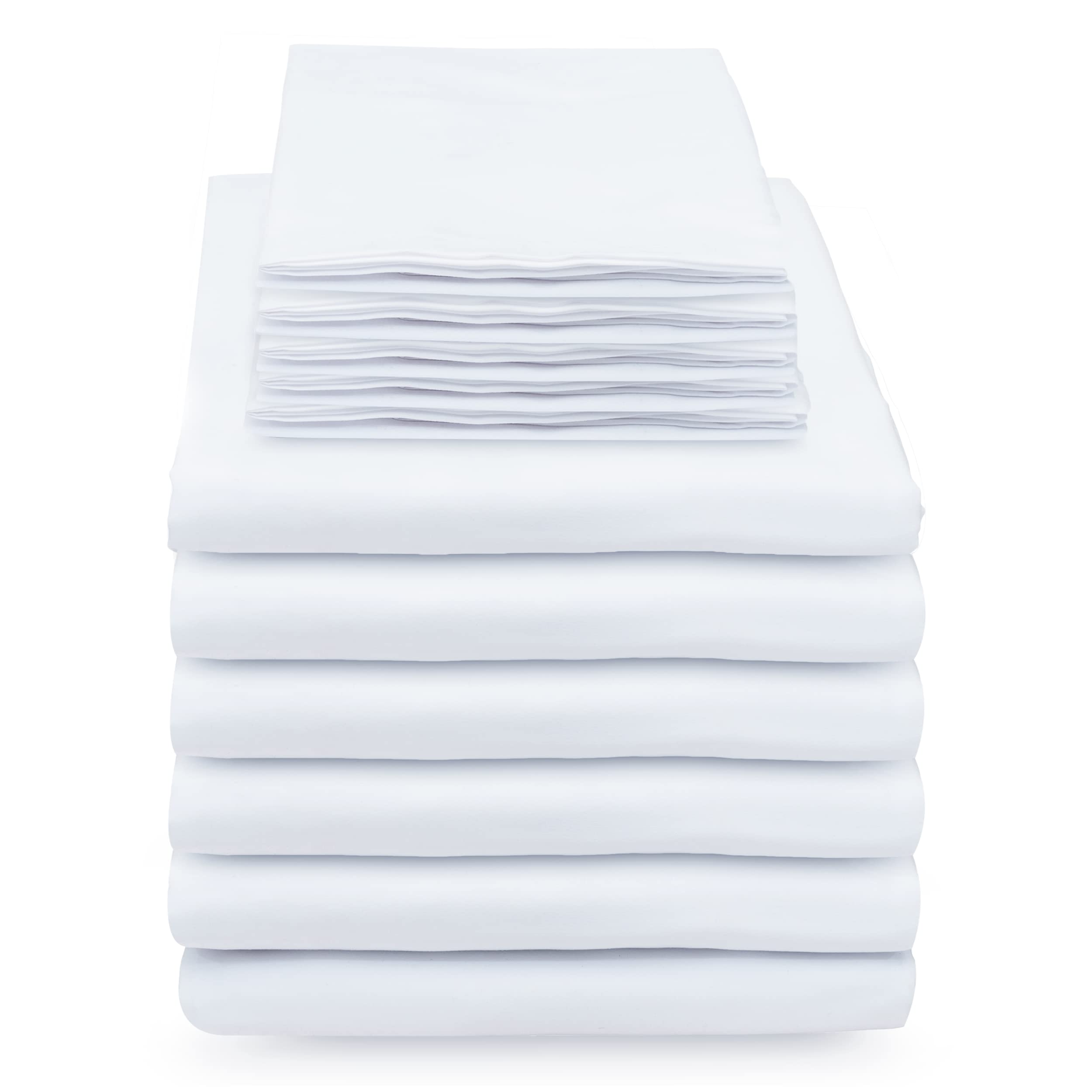 Twin 6-Piece White Bed Sheet Set - 6 Flat Sheets (66x108) & 6 Fitted Sheets (39x80+10) with 12 Standard Pillowcases - T-200 Economy Grade Percale Wave Hotel Bedding - Perfect for Dorms, Guest Rooms & Budget-Friendly Hospitality