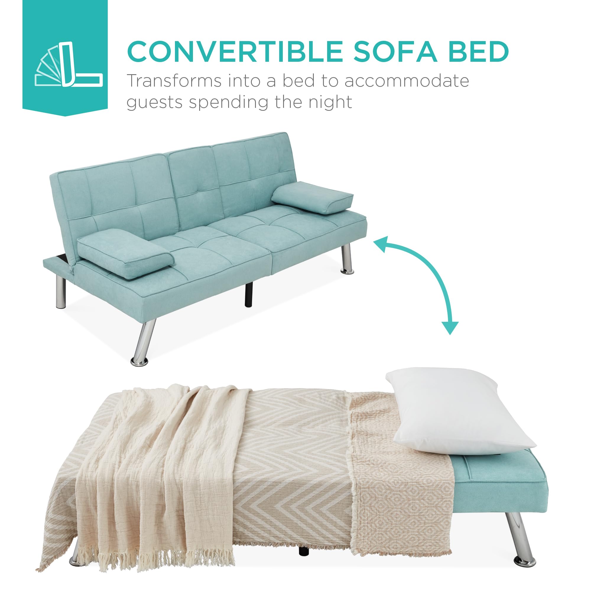 Best Choice Products Modern Folding Futon Sofa Bed - Convertible Linen Recliner with Removable Armrests & 2 Cup Holders - Space Saving Sleeper for Small Apartments, Dorms, Guest Rooms - Aqua Blue