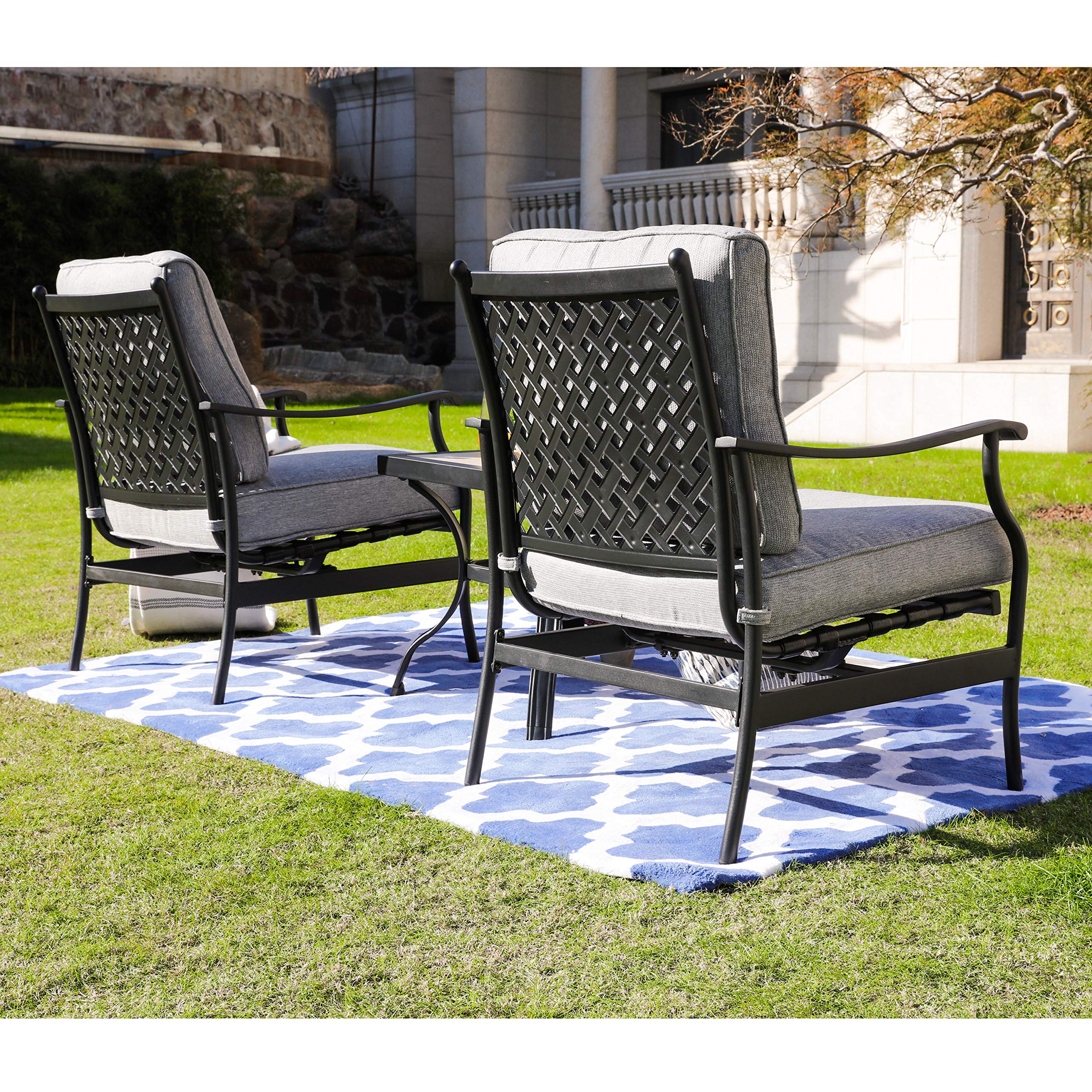 3-Piece Outdoor Patio Dining Set - Square Metal Table & 2 Armchairs with Thick Cushions - Grey Garden Bistro Furniture for Backyard, Deck, and Poolside Relaxation