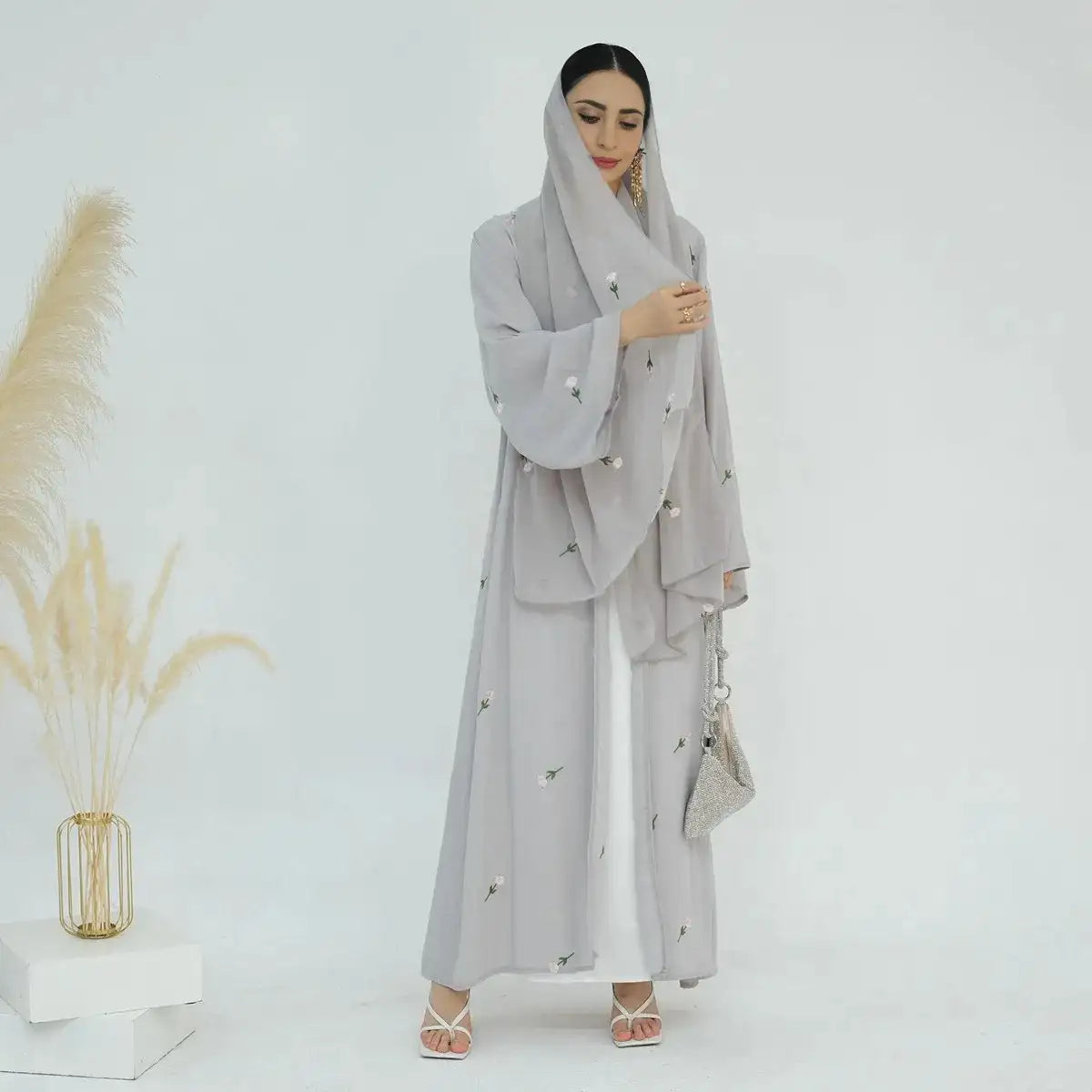 Elegant Floral Embroidered Nida Cardigan Open Abaya Dress with Matching Hijab - Perfect for Modest Fashion, Prayer Wear & Special Occasions