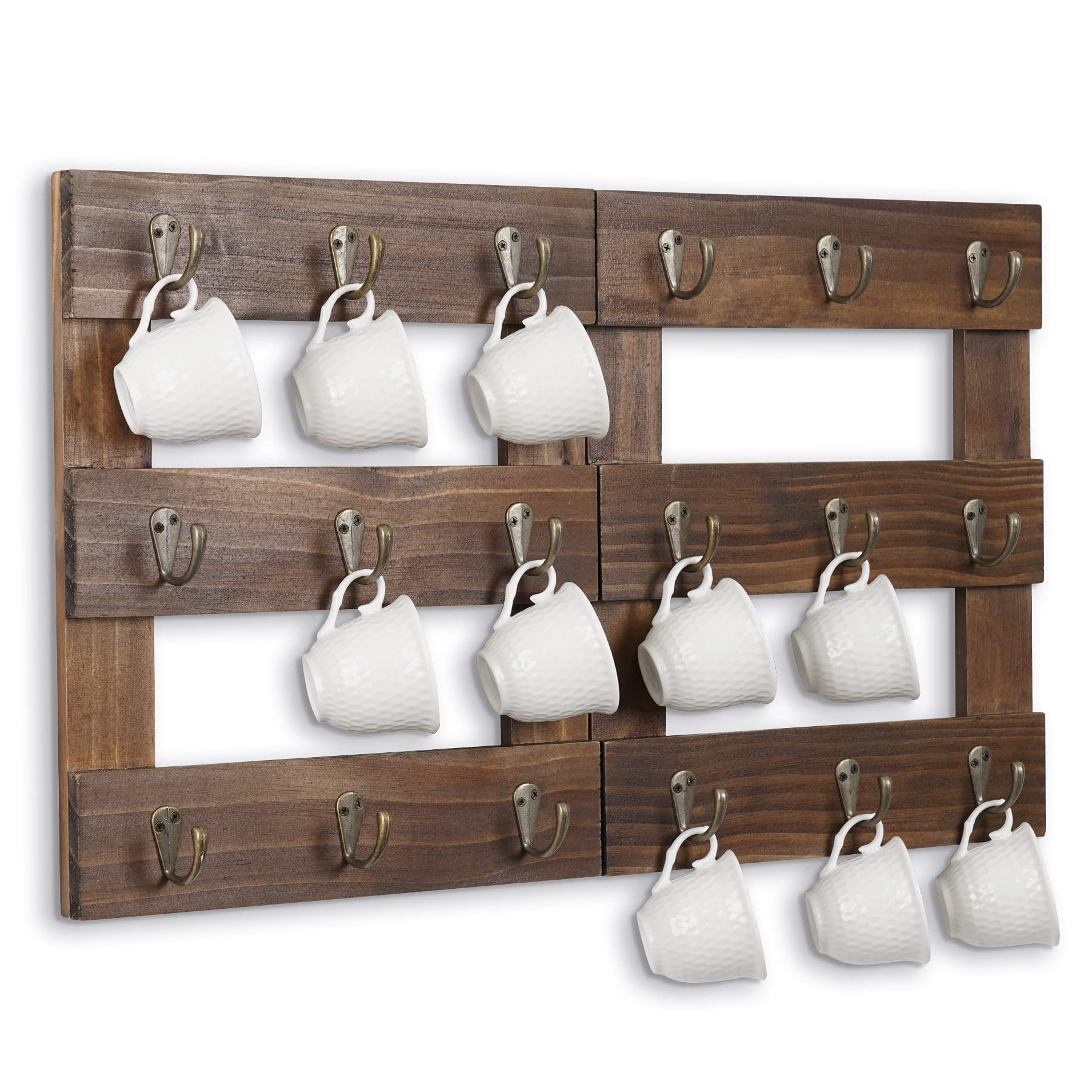 Foldable Wall Mounted Wood Coffee Mug Holder Stand with 18 Hooks - Dark Brown Cup Rack Organizer for Coffee Station, Kitchen Storage & Home Decor - Perfect for Small Spaces, Dorm Rooms & Office Organization
