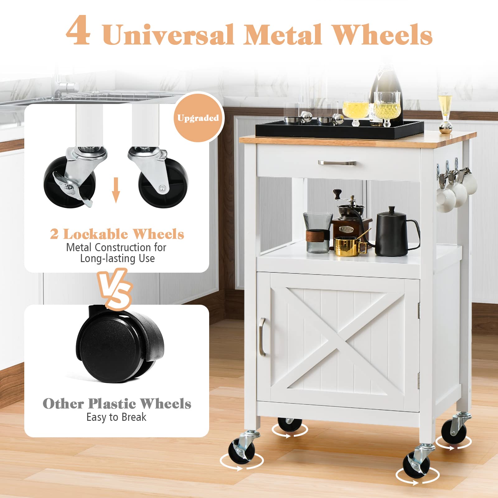 Giantex Kitchen Cart with Storage - Small Kitchen Island on Wheels with Drawer, 3 Hooks & Wood Butcher Block Countertop - Rolling Utility Cart for Dining Room, Serving & Food Prep - Perfect for Small Spaces & Entertaining