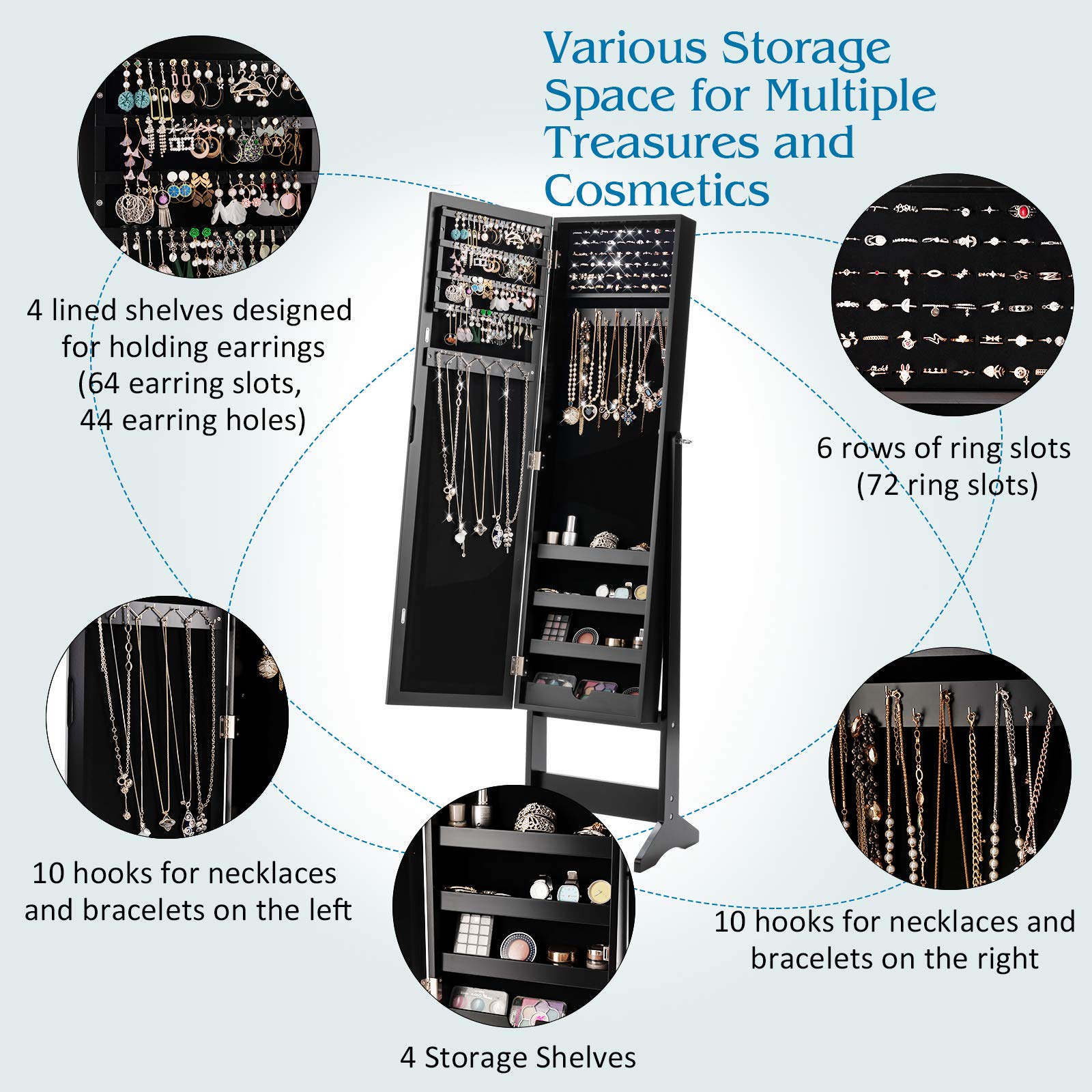 GOFLAME Jewelry Cabinet Organizer with Full Length Mirror Door - Freestanding Makeup Mirror Storage with Large Capacity for Necklaces, Rings & Accessories - Perfect for Bedroom, Closet & Dressing Room (Black)