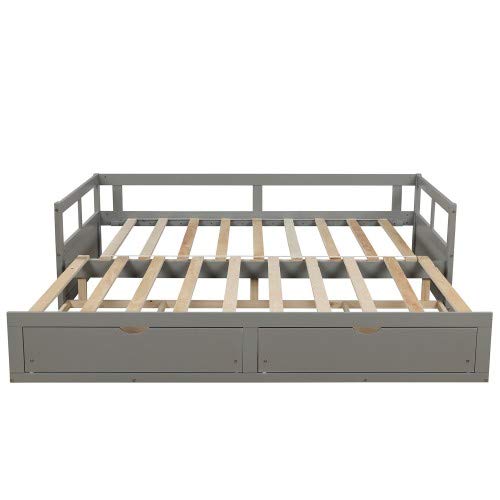 Extendable Mera Daybed with Two Drawers - Convertible Sofa Bed for Small Spaces, No Box Spring Needed (Gray) - Perfect for Guest Rooms, Studio Apartments & Home Offices