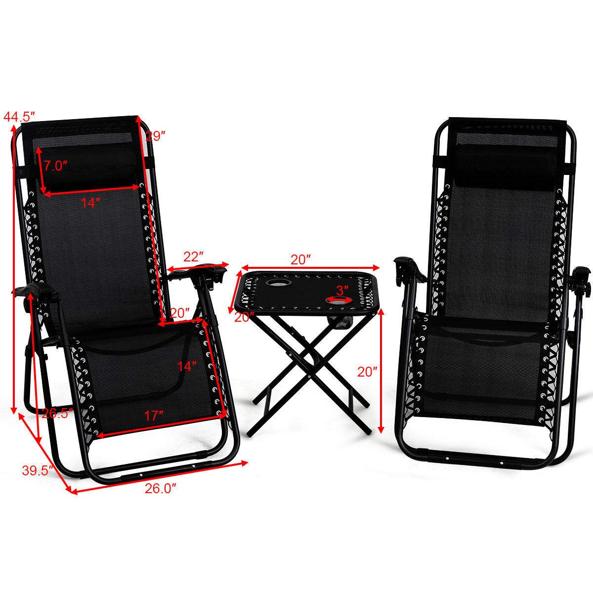 Premium Folding Zero Gravity Recliner Lounge Chair with Side Table - 3-Piece Patio Set for Camping, Beach, Backyard & Poolside Relaxation - Heavy Duty & Portable Outdoor Furniture in Black