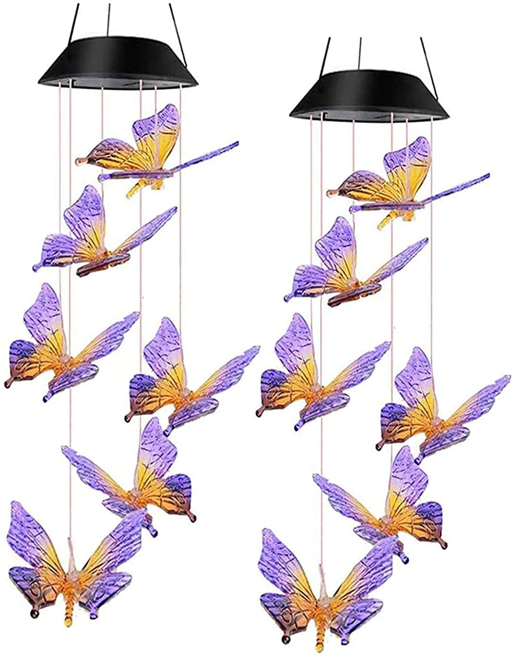 Solar-Powered Color Changing Wind Chimes - Purple Butterfly Outdoor Hanging Lights (2 Pack, 25 Inch) for Garden, Patio, Yard & Balcony Decoration | Weather-Resistant Solar Garden Lights for Nighttime Ambience