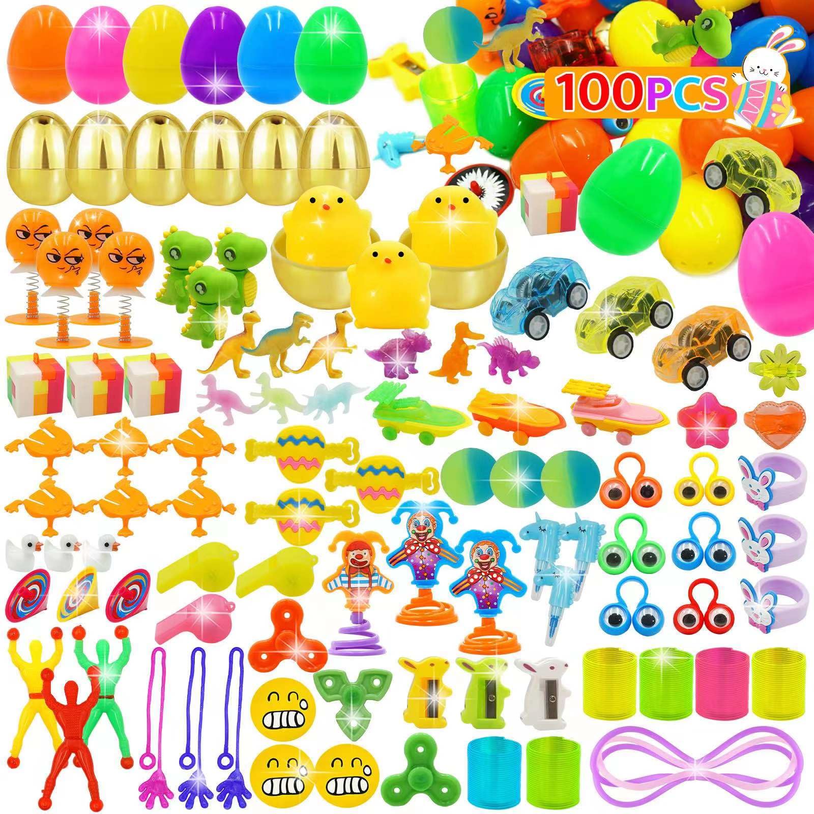 100 Pack Prefilled Easter Eggs with Assorted Fidget Toys - 6 Surprise Golden Eggs & Plastic Easter Egg Fillers for Kids Easter Basket Stuffers | Perfect for Easter Egg Hunt Party Favors, Classroom Rewards & Holiday Gift Giving