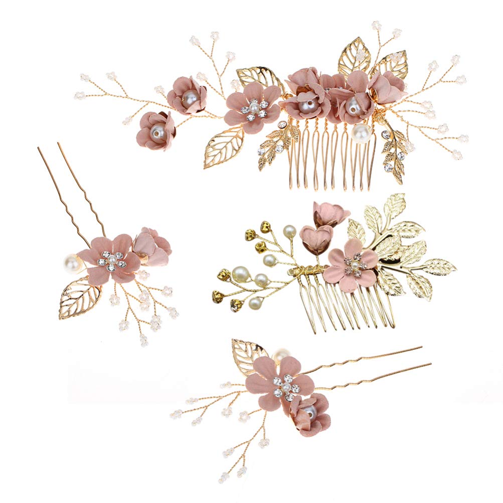 NUOBESTY 4-Piece Rhinestone Crystal Floral Bridal Hair Comb Set - Elegant Wedding Hair Clips & Pins for Brides, Prom, and Formal Events (Pink)