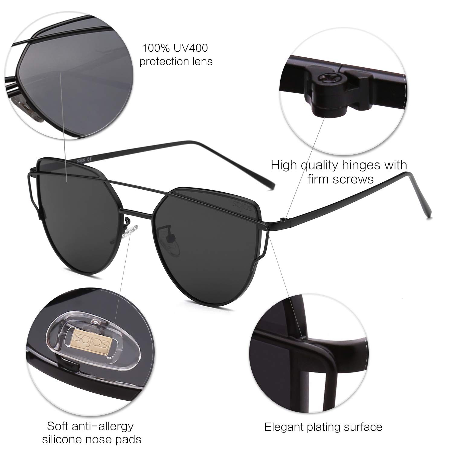 SOJOS Women's Fashion Cat Eye Sunglasses with Mirrored Lenses - UV Protection, Retro Designer Style for Driving, Beach & Outdoor Activities