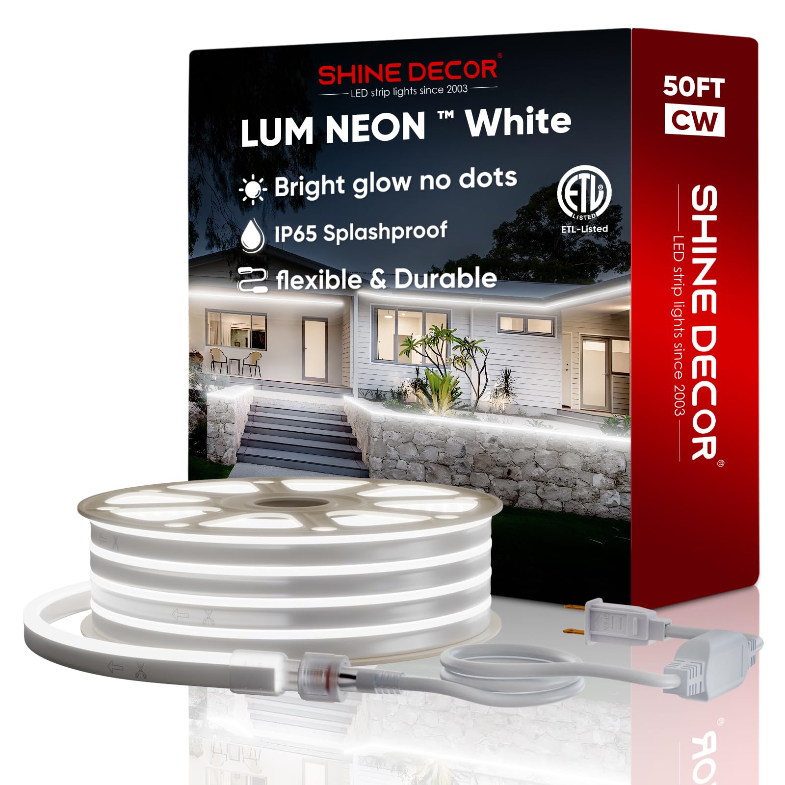 Mounting Clip Pack with 6300K White 50ft LED Neon Rope Lights Kit - Shine Decor Bundle for Home, Party & Outdoor Decoration