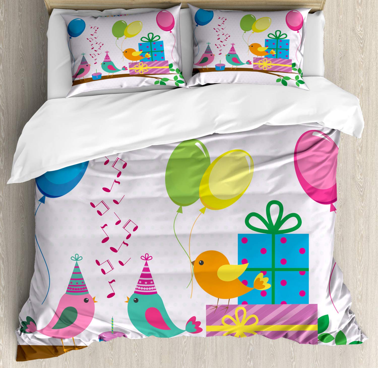 Ambesonne Birthday Party Duvet Cover Set - Singing Birds Happy Birthday Theme with Flags, Cone Hats & Cake Design | 3-Piece Decorative Bedding Set Includes 2 Pillow Shams | California King Size, Vibrant Multicolor | Perfect for Birthday Celebrations, Themed Bedrooms & Party Decorations