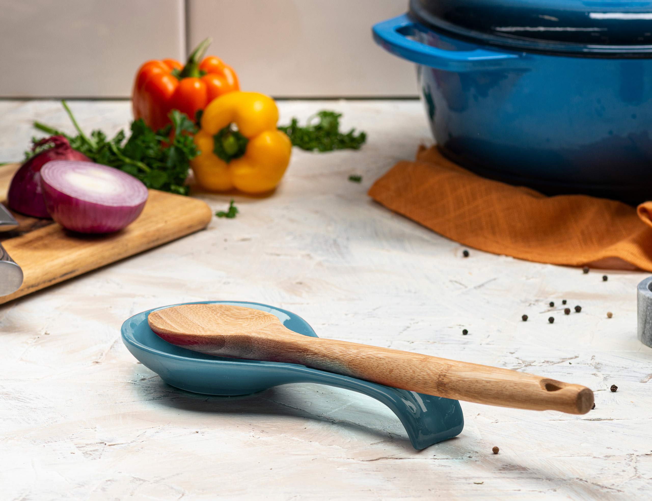 Kook Ceramic Spoon Rest Set of 2 - Stovetop Utensil Holder & Farmhouse Kitchen Decor - Teal Blue - Dishwasher Safe - Perfect for Cooking, Coffee Bar & Home Accessories