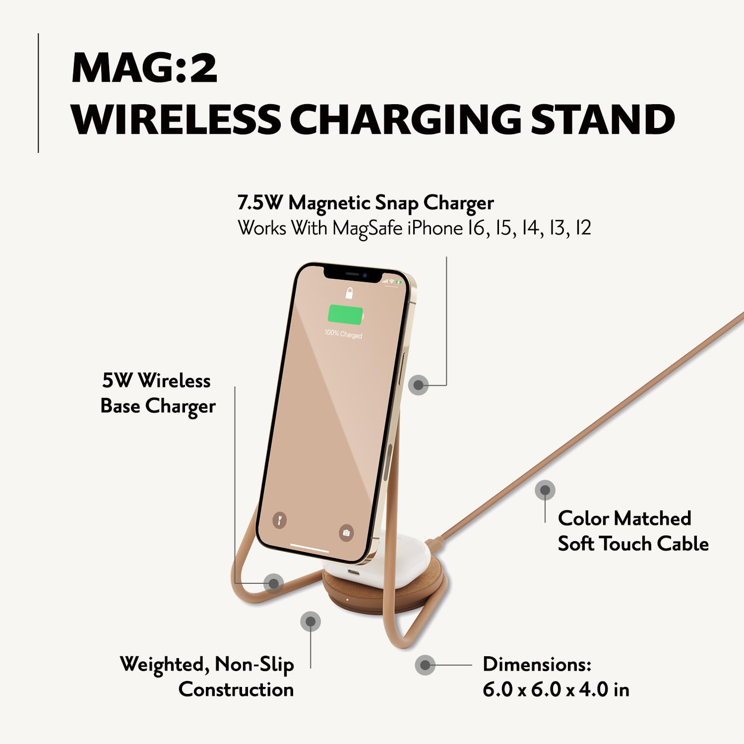COURANT MAG:2 Wireless Charging Stand - Premium Belgian Linen 2-in-1 Multi-Device Charger with MagSafe for iPhone 16/15/14/13/12 & AirPods Case - Fast Charging Station for Home, Office & Travel (Camel)