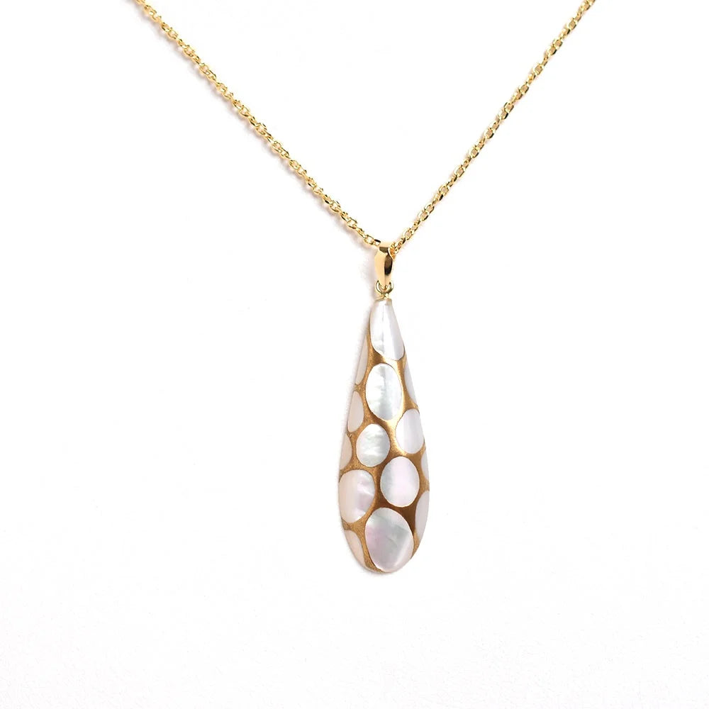 Handcrafted Japanese Maki-e Urushi Lacquer Pendant Necklace with White South Sea Pearl Shell - Traditional Thread Pattern Jewelry for Women | Elegant Gift for Weddings & Special Occasions