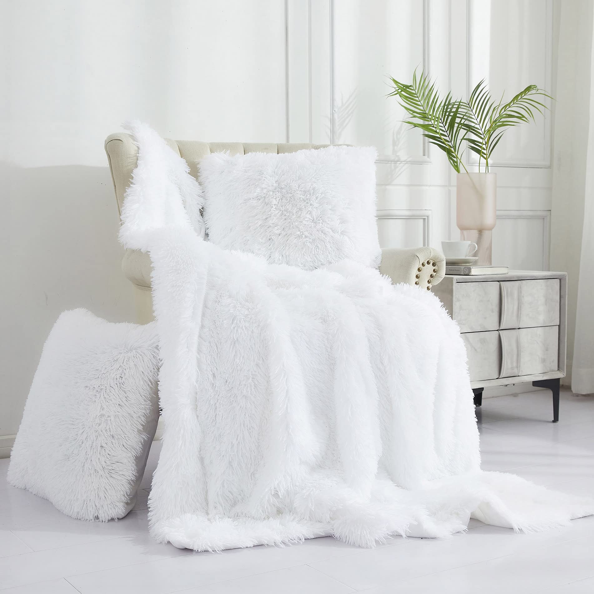 XeGe 3-Piece Soft Fluffy Throw Blanket and Pillow Cover Set - 50x60 Shaggy Faux Fur Plush Blanket with 18x18 Fuzzy Fleece Pillow Shams - Cozy for Bed, Couch, Living Room - Perfect for Winter Nights, Movie Time & Home Decor - White