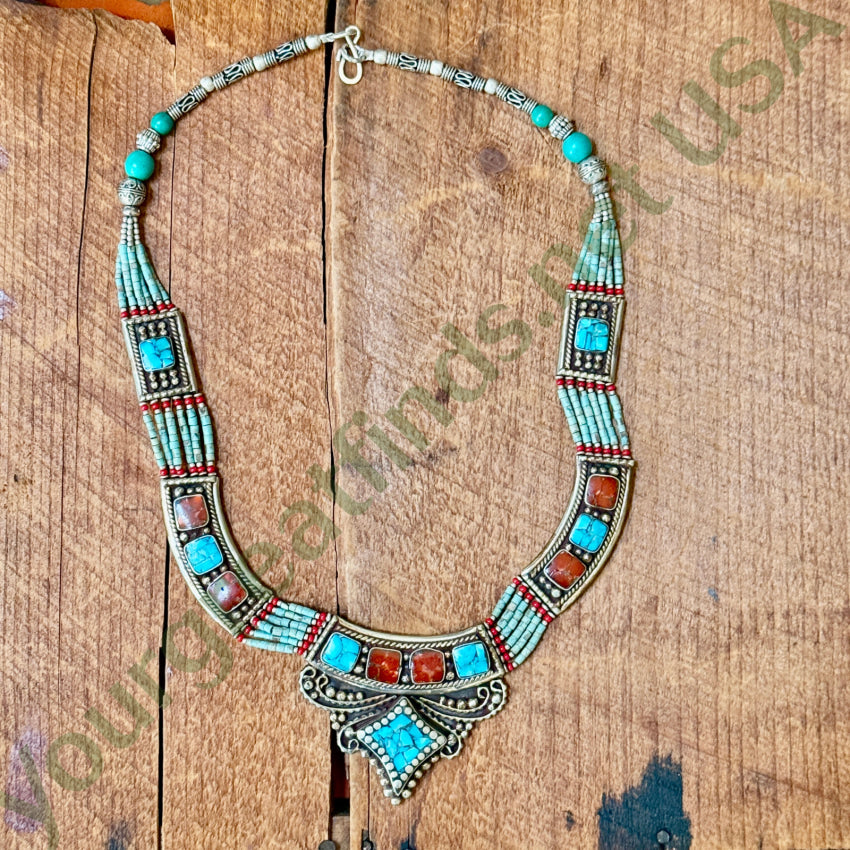 Handmade Tibetan Alpaca Silver Necklace with Turquoise & Coral Beads - Boho Chic Jewelry for Women, Gift for Her | Perfect for Festivals, Weddings & Spiritual Ceremonies