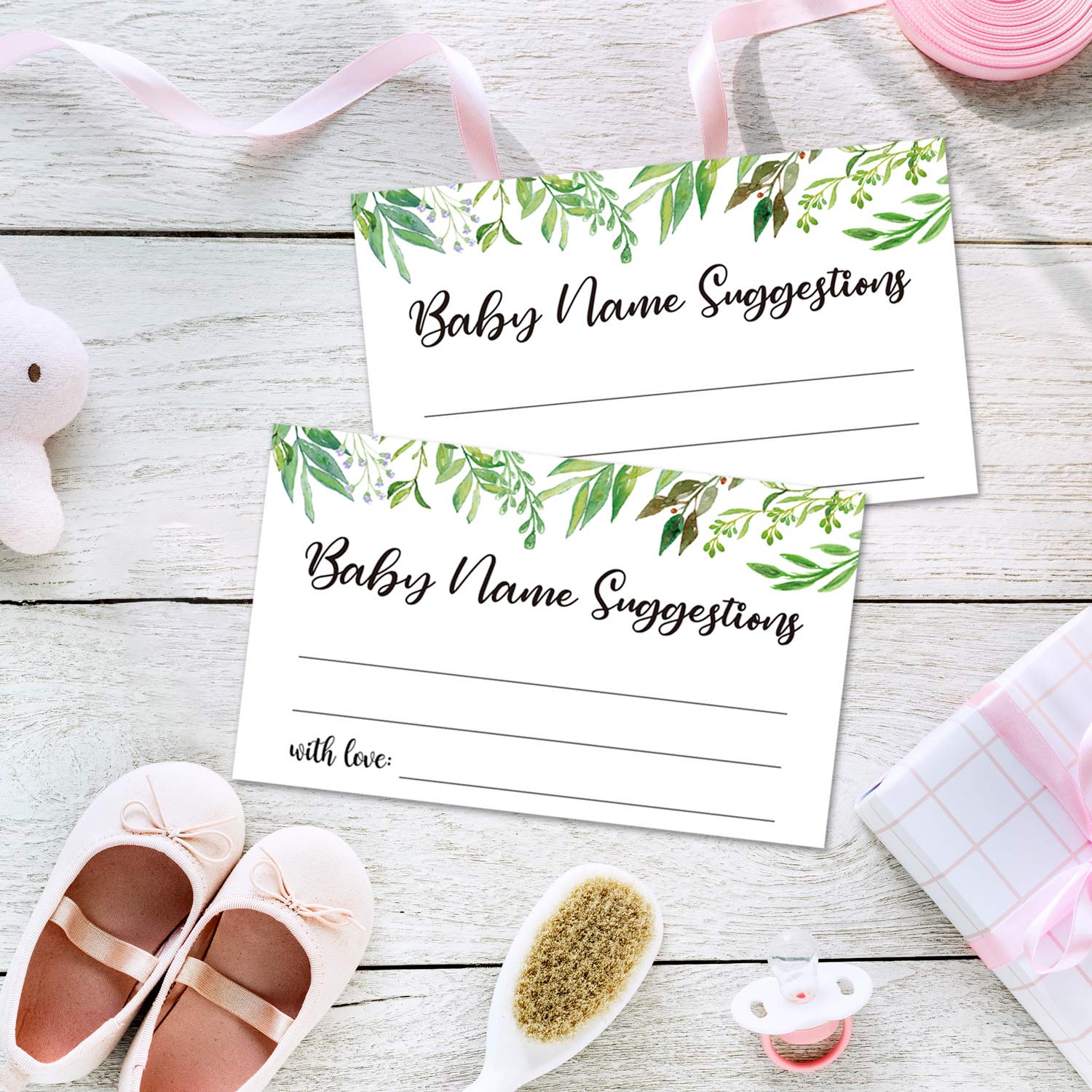 50 Baby Shower Name Suggestion Cards - Greenery-Themed Baby Name Game Cards for Gender Reveal & Baby Shower Parties - 3.5