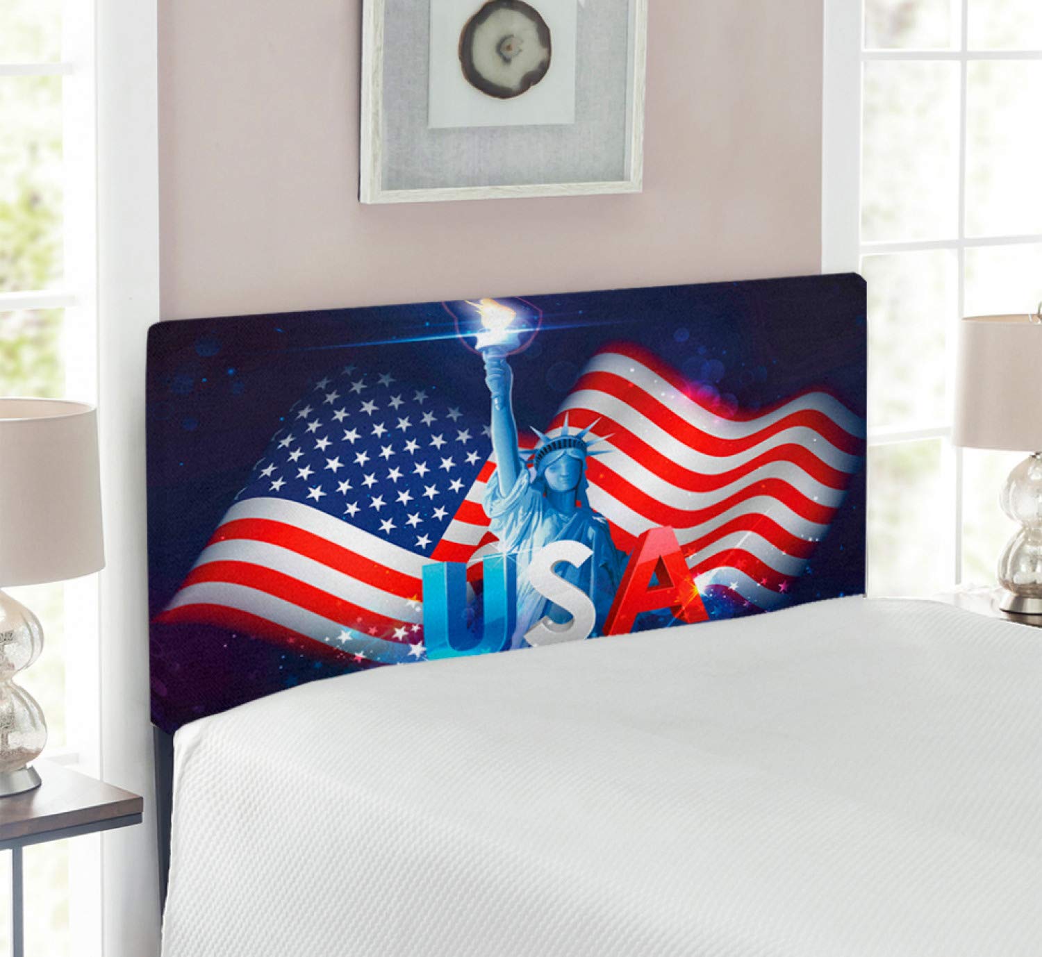 Ambesonne 4th of July Liberty Design Upholstered Headboard - Twin Size Metal Bed Frame with Memory Foam, Patriotic Justice & Liberty Graphic Illustration, Multicolor - Perfect for Independence Day Bedroom Decor & American Theme Guest Rooms